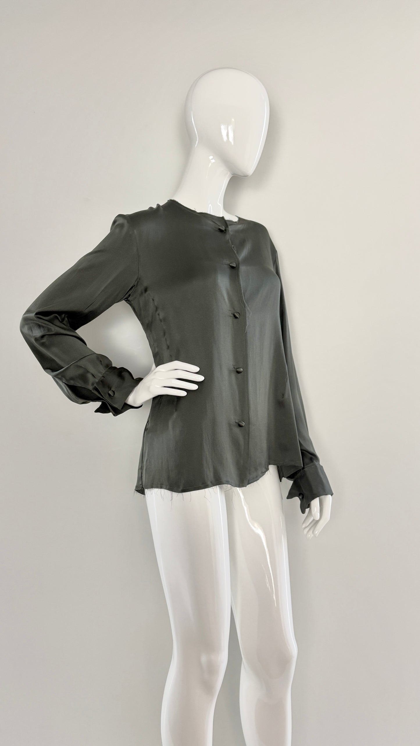 Margiela grey/green raw edge silk blouse