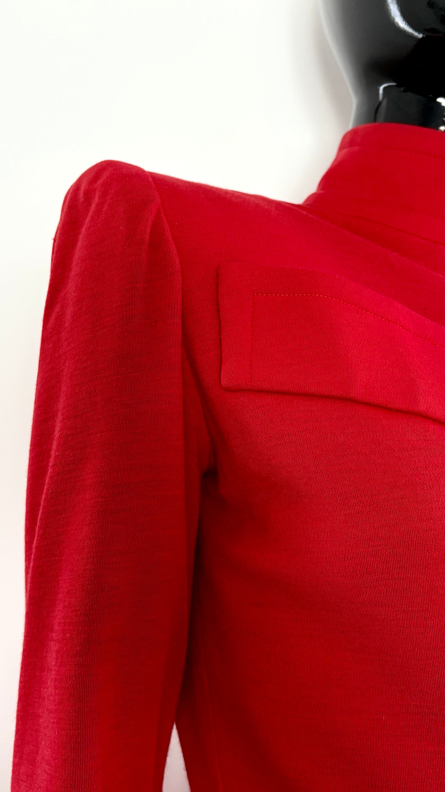 Givenchy early red tailored suit with dramatic shoulder