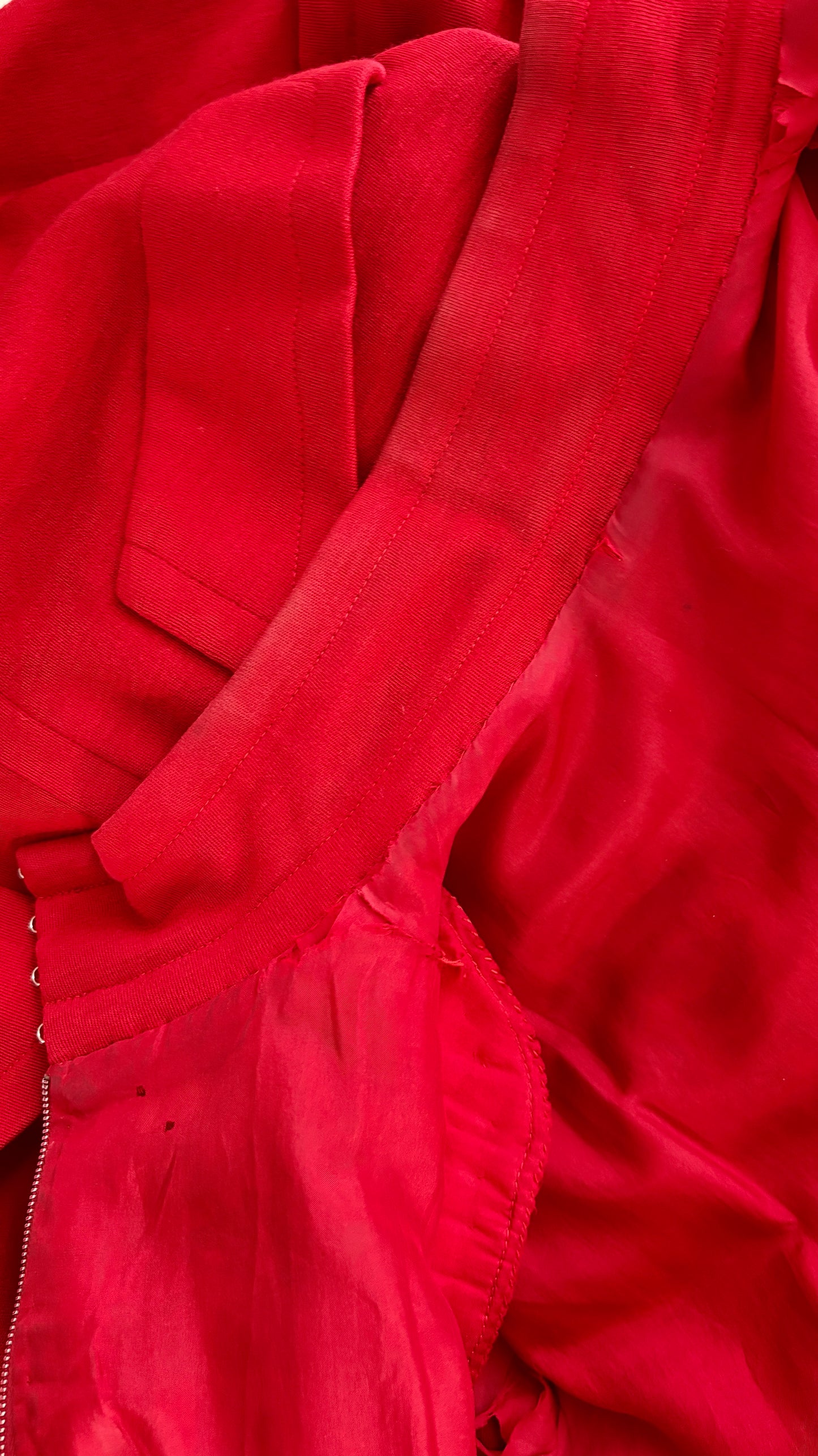 Givenchy early red tailored suit with dramatic shoulder