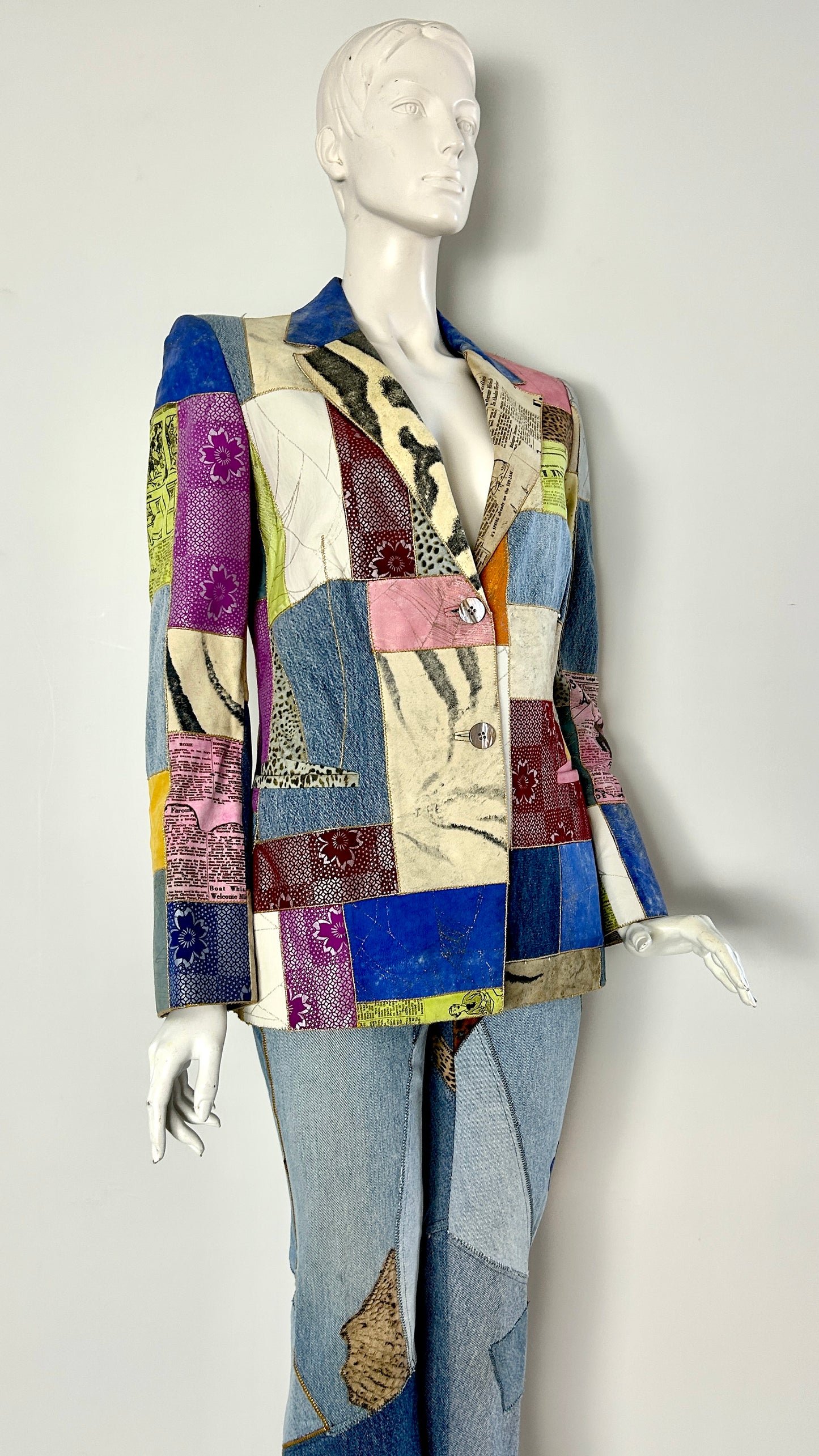 Roberto Cavalli patchwork leather and denim ensemble
