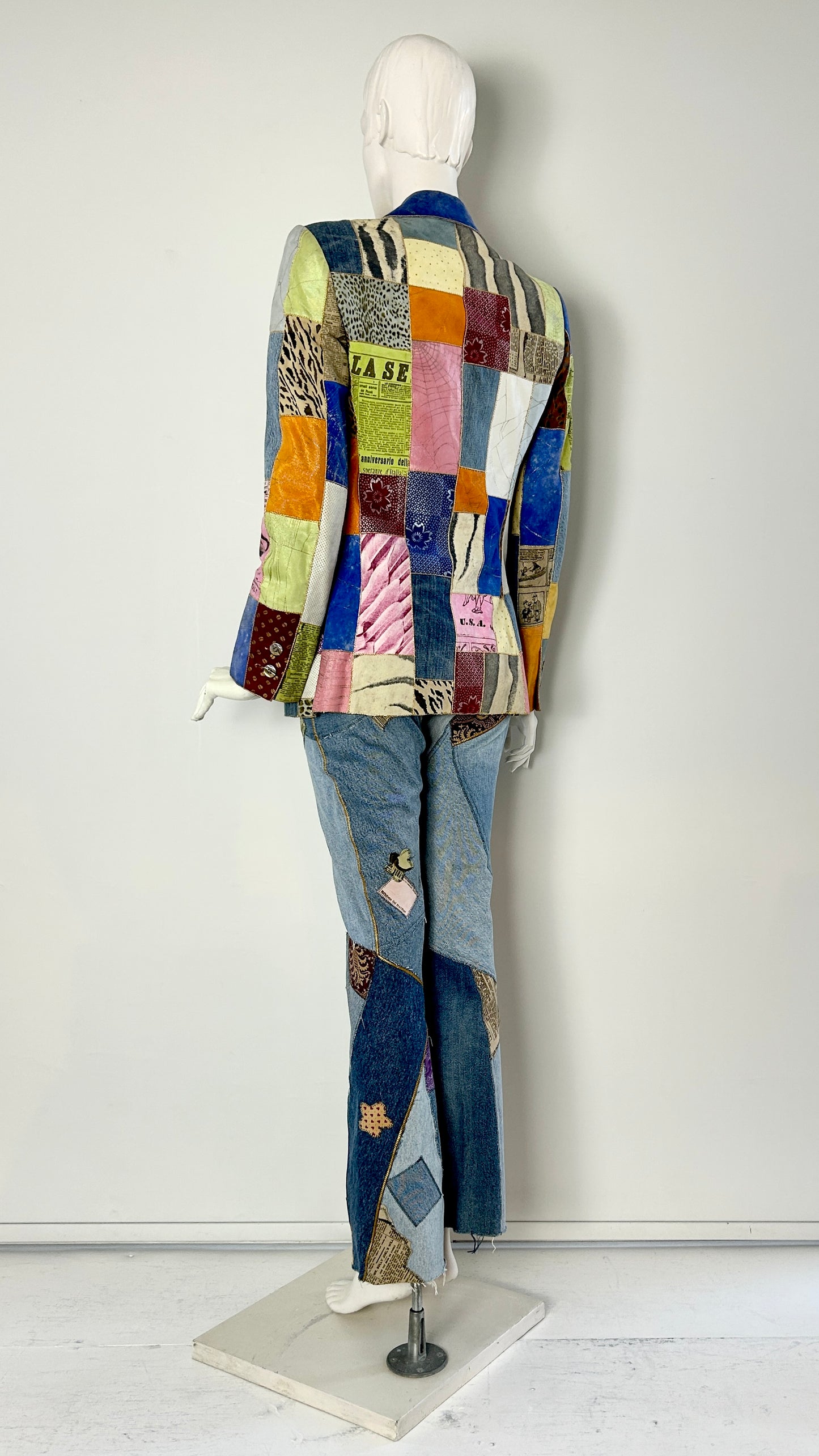 Roberto Cavalli patchwork leather and denim ensemble