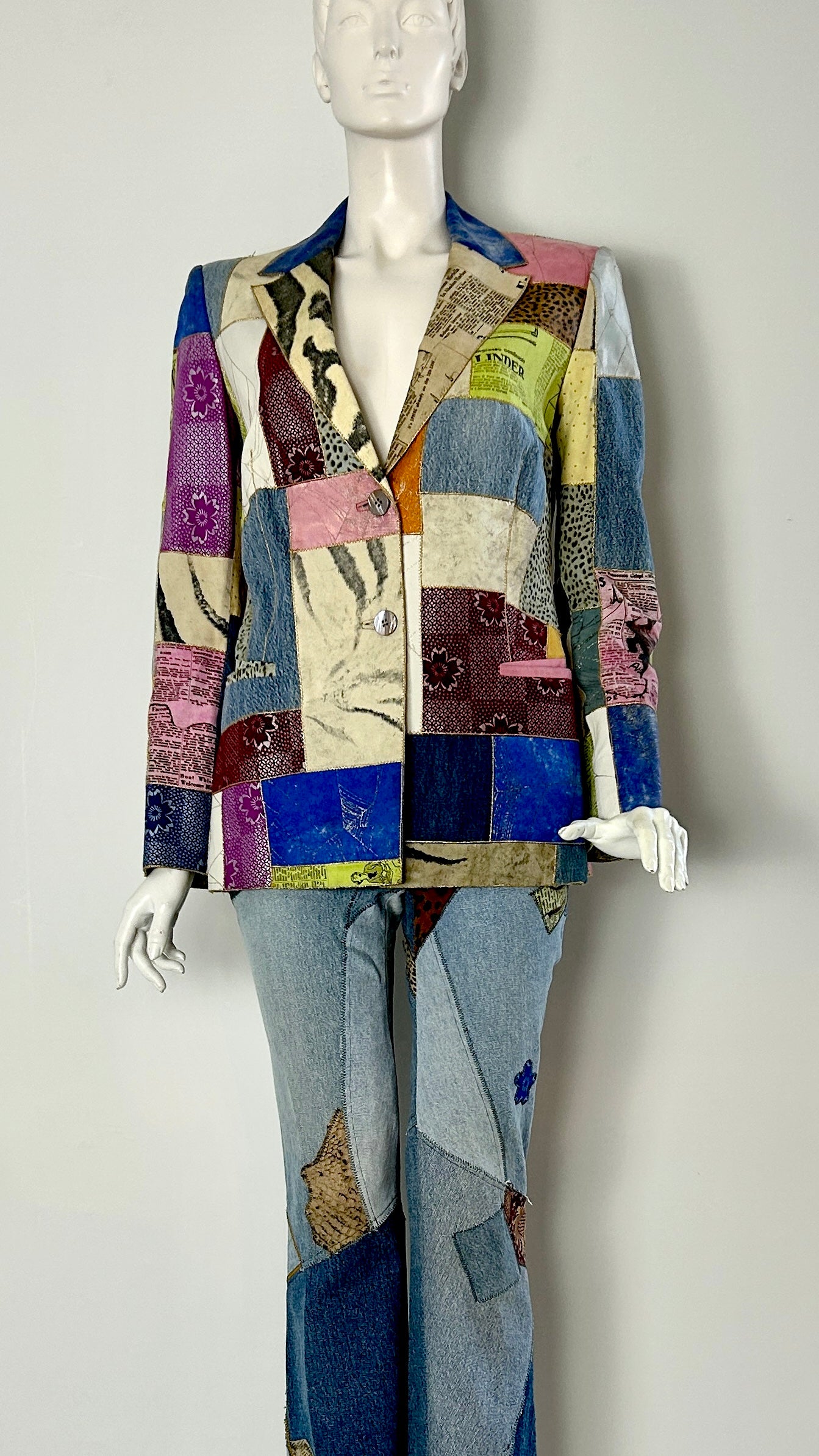 Roberto Cavalli patchwork leather and denim ensemble