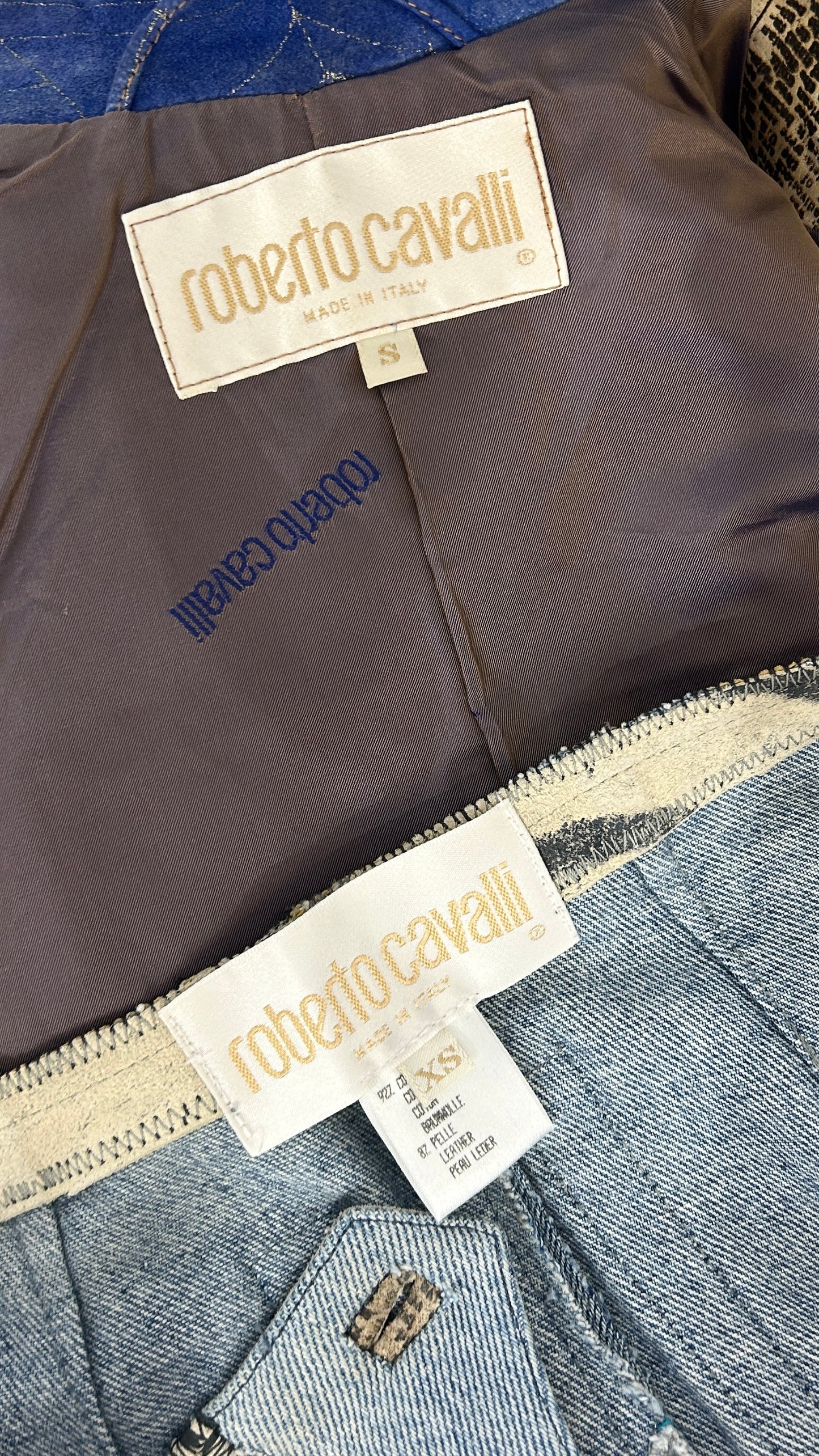 Roberto Cavalli patchwork leather and denim ensemble
