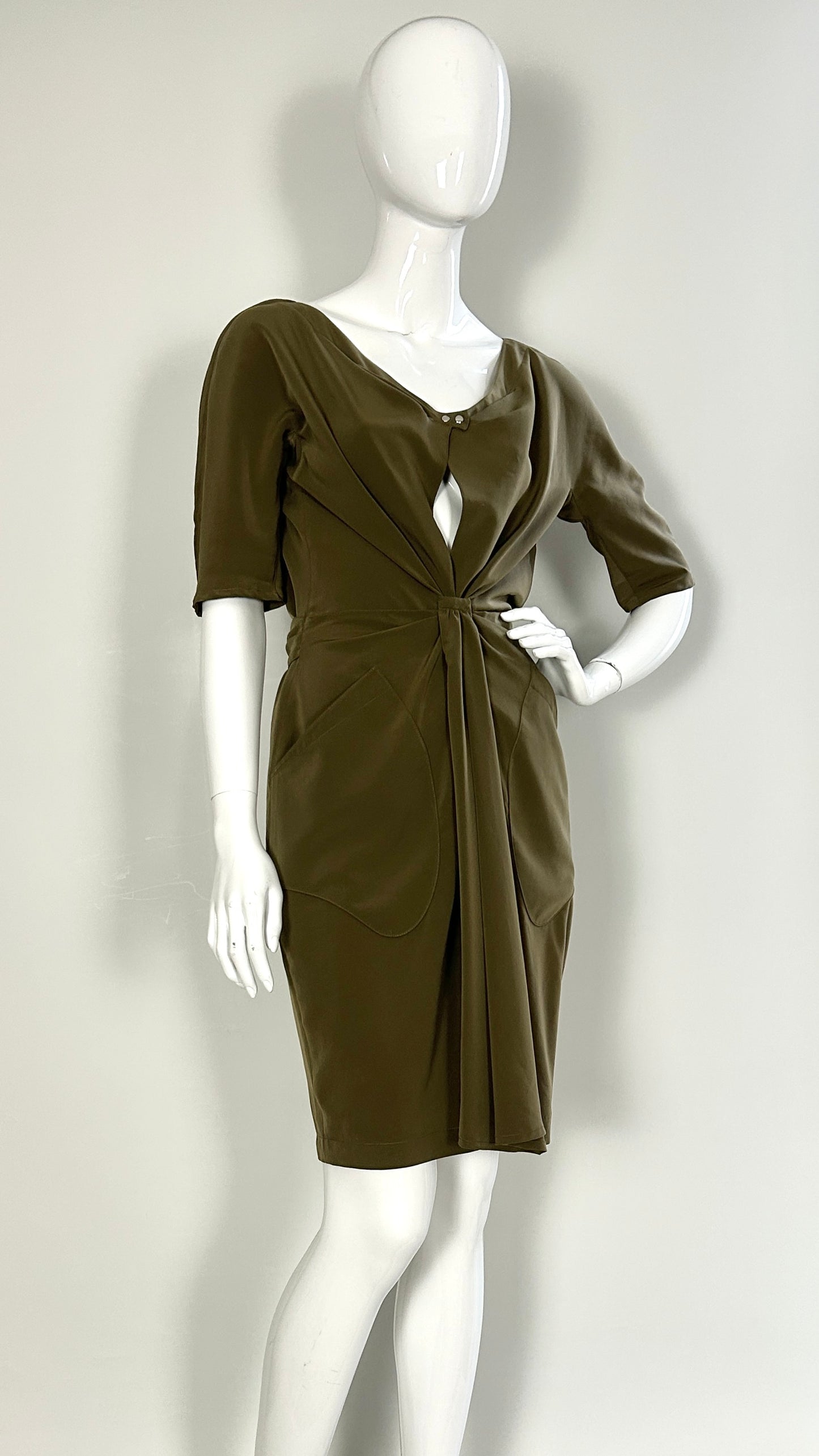 Thierry Mugler olive green draped front dress