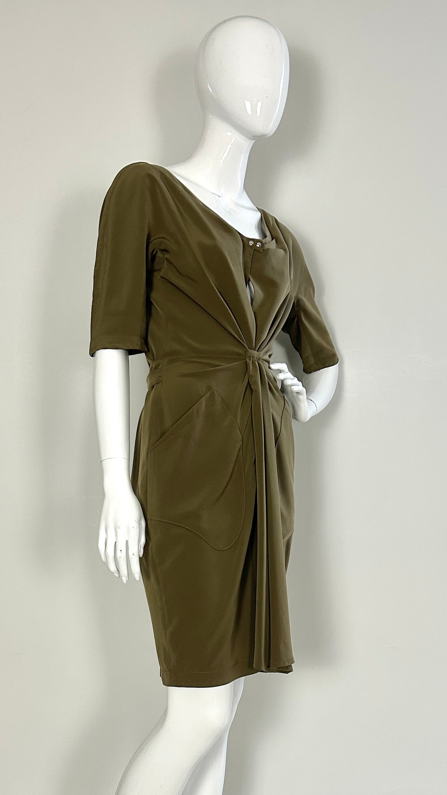 Thierry Mugler olive green draped front dress