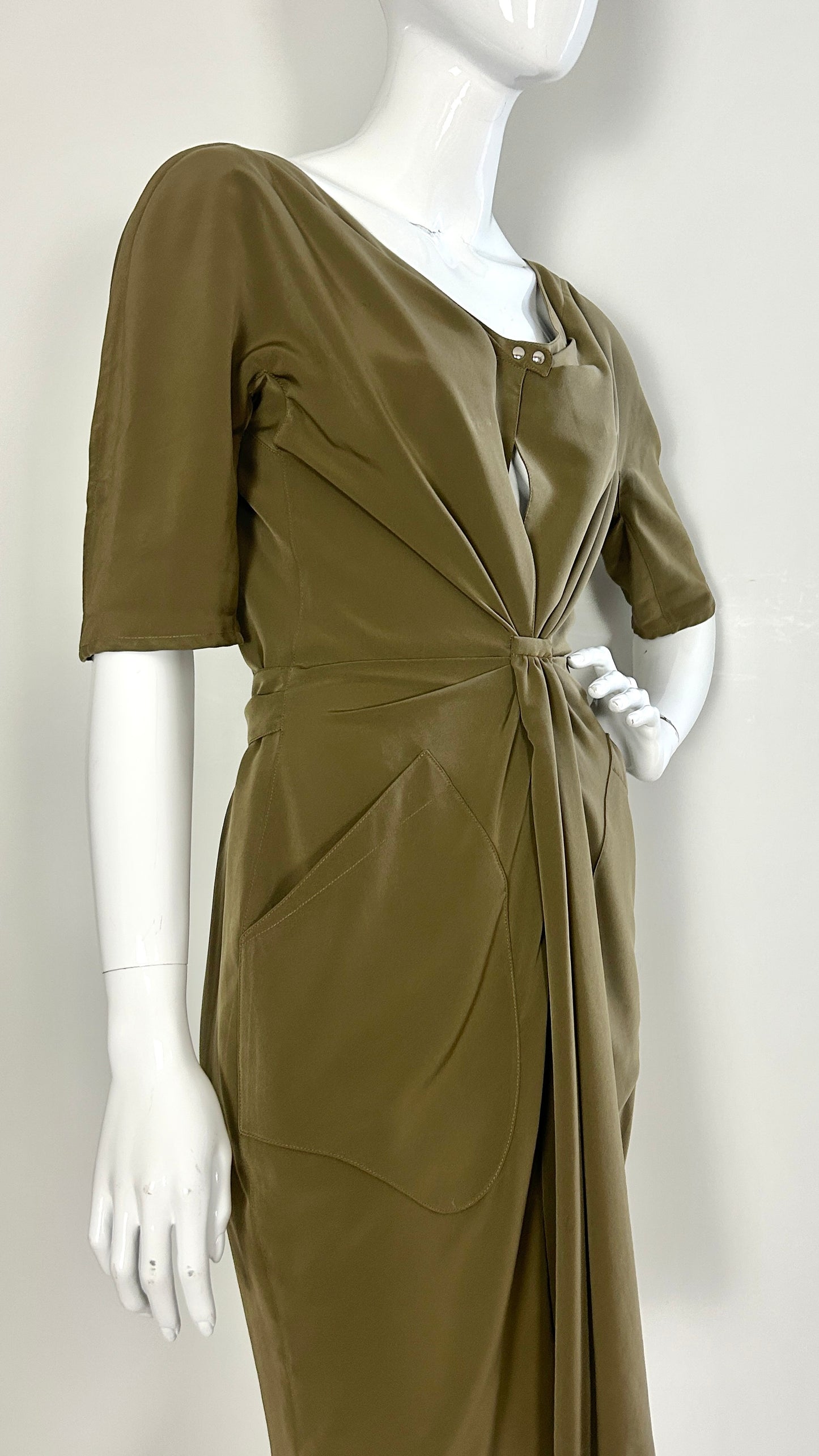 Thierry Mugler olive green draped front dress