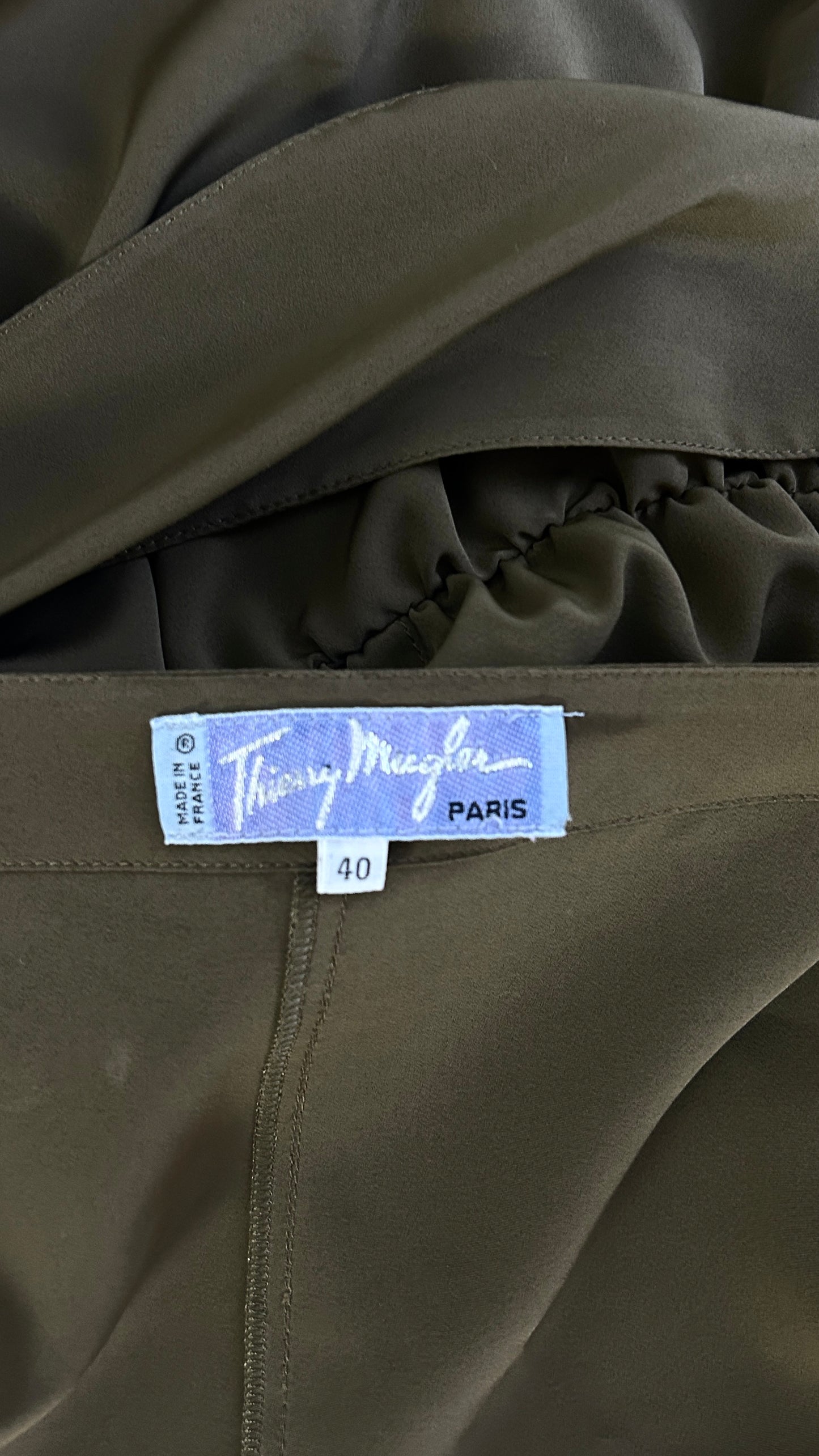 Thierry Mugler olive green draped front dress