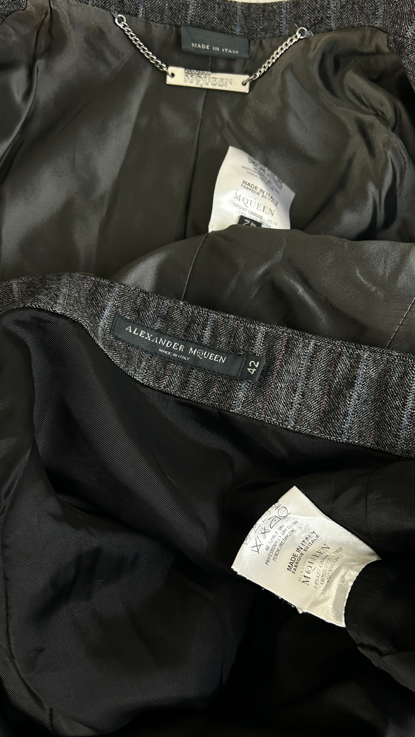 Alexander McQueen pinstripe skirt suit ensemble