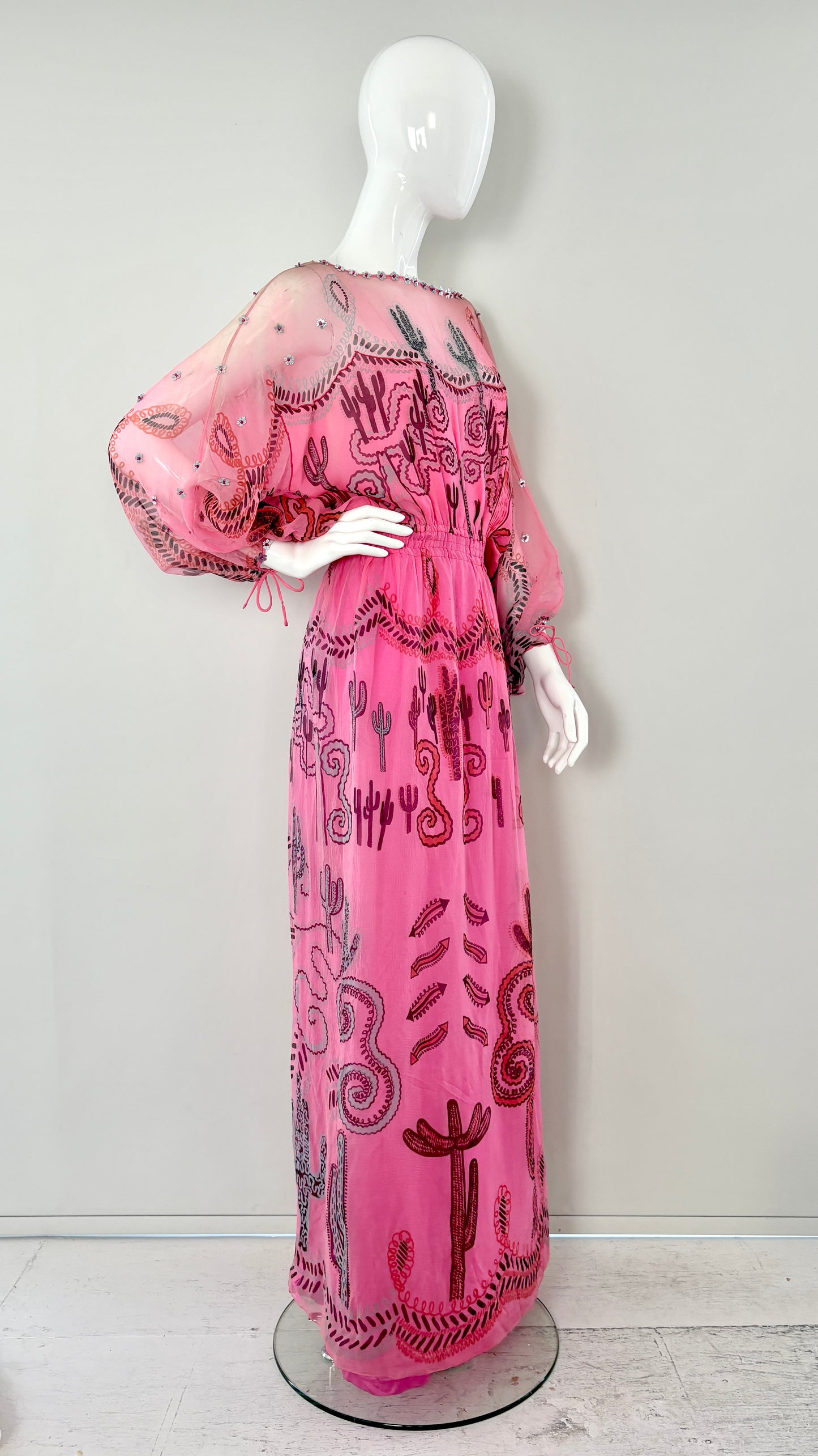 Zandra Rhodes S/S 1976 'Cactus and Cowboy' collection printed chiffon dress with satin sash