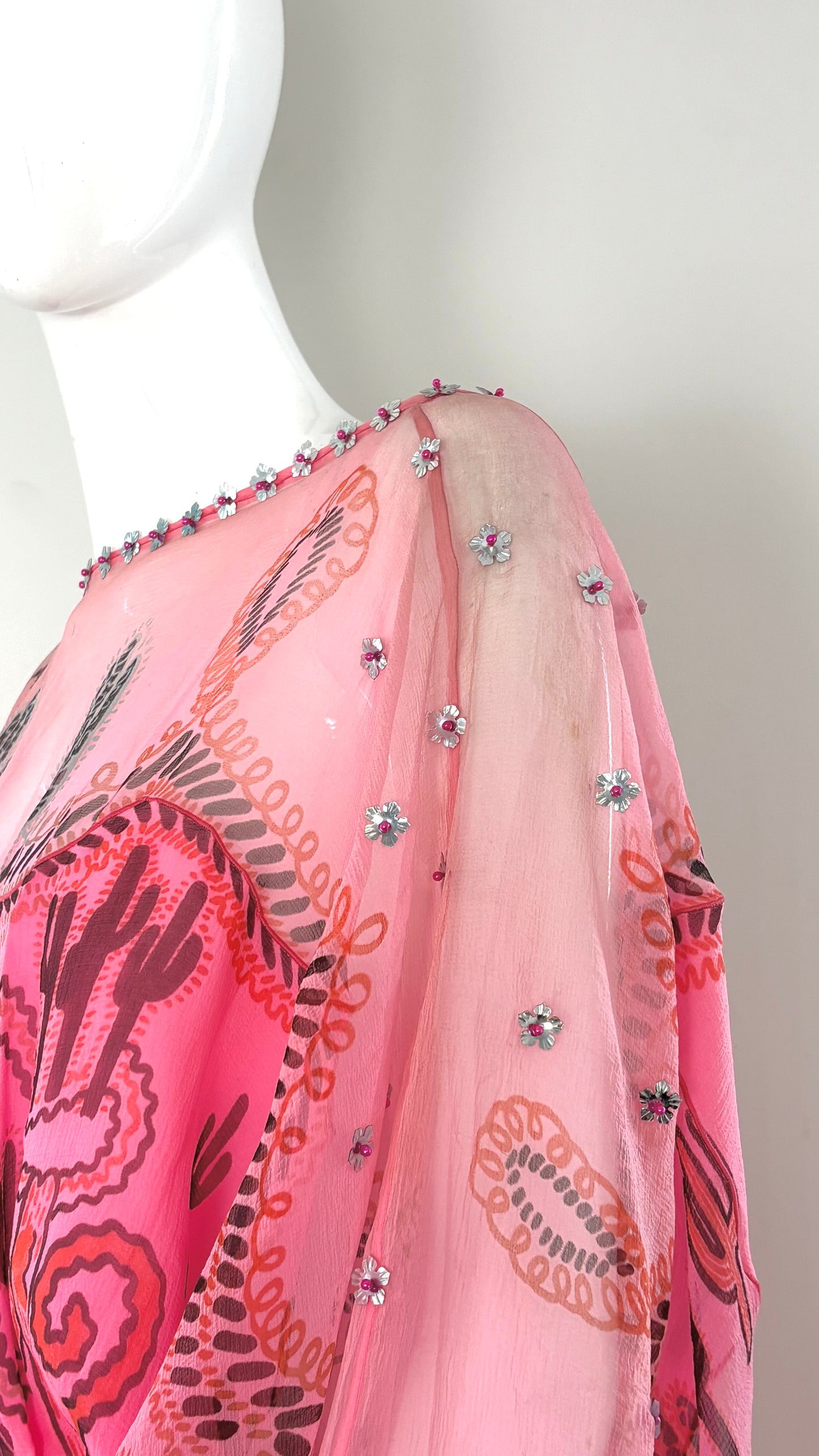 Zandra Rhodes S/S 1976 'Cactus and Cowboy' collection printed chiffon dress with satin sash