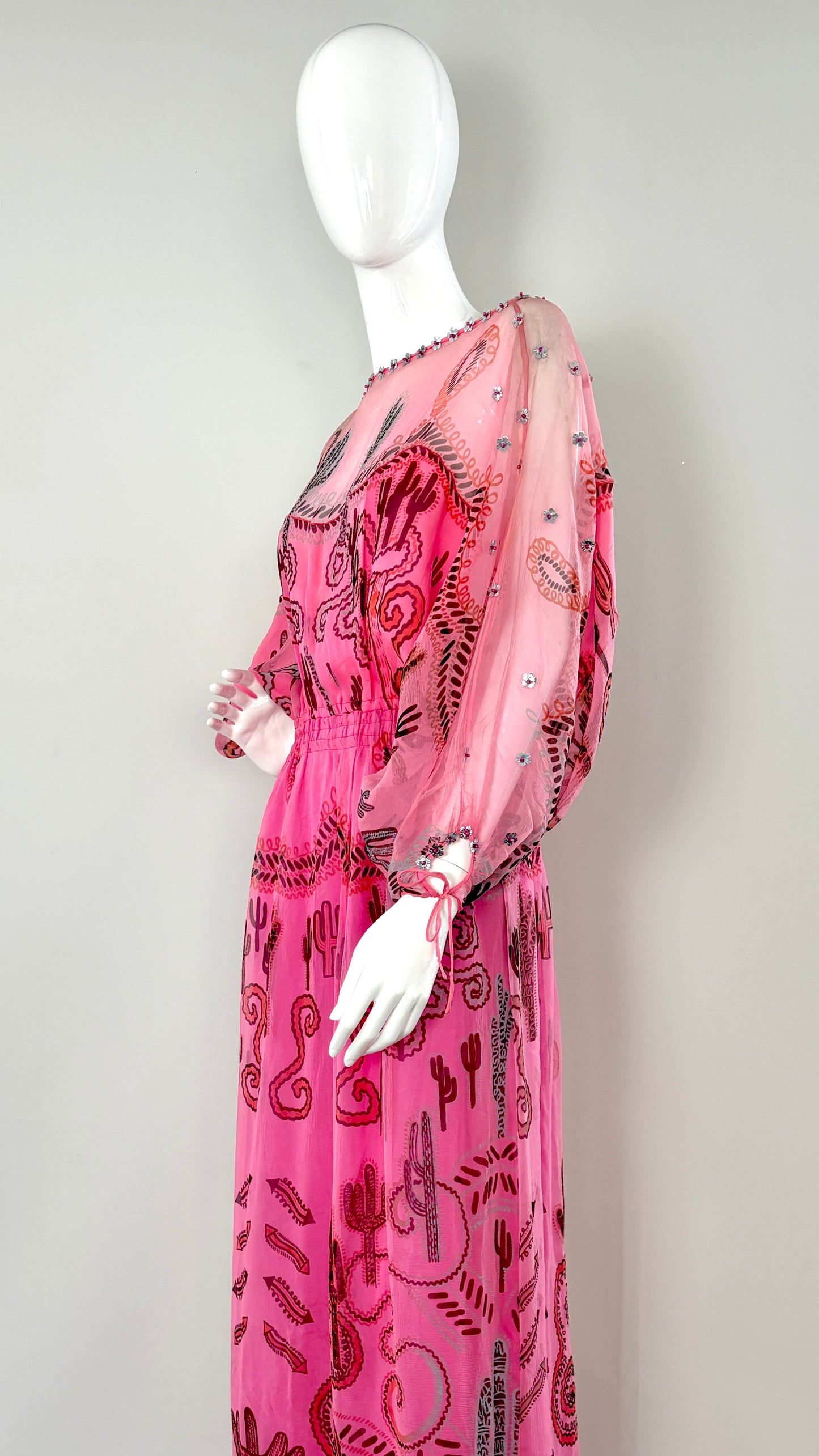 Zandra Rhodes S/S 1976 'Cactus and Cowboy' collection printed chiffon dress with satin sash