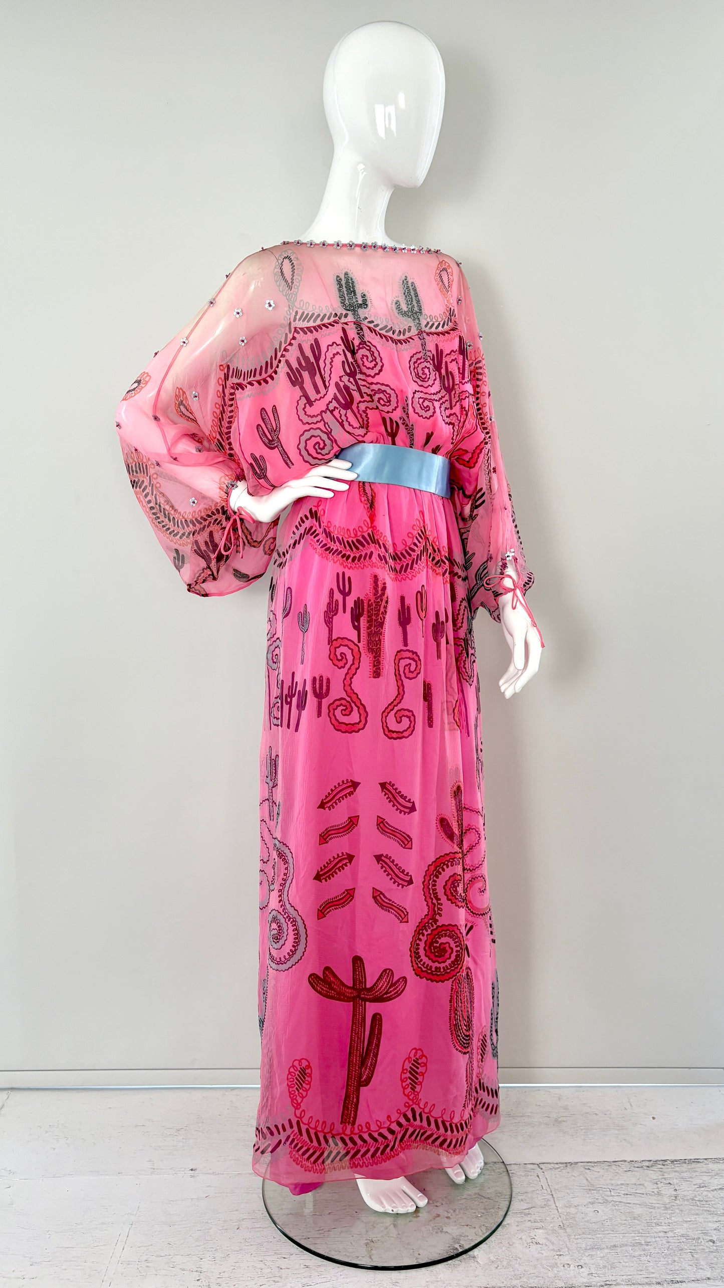 Zandra Rhodes S/S 1976 'Cactus and Cowboy' collection printed chiffon dress with satin sash