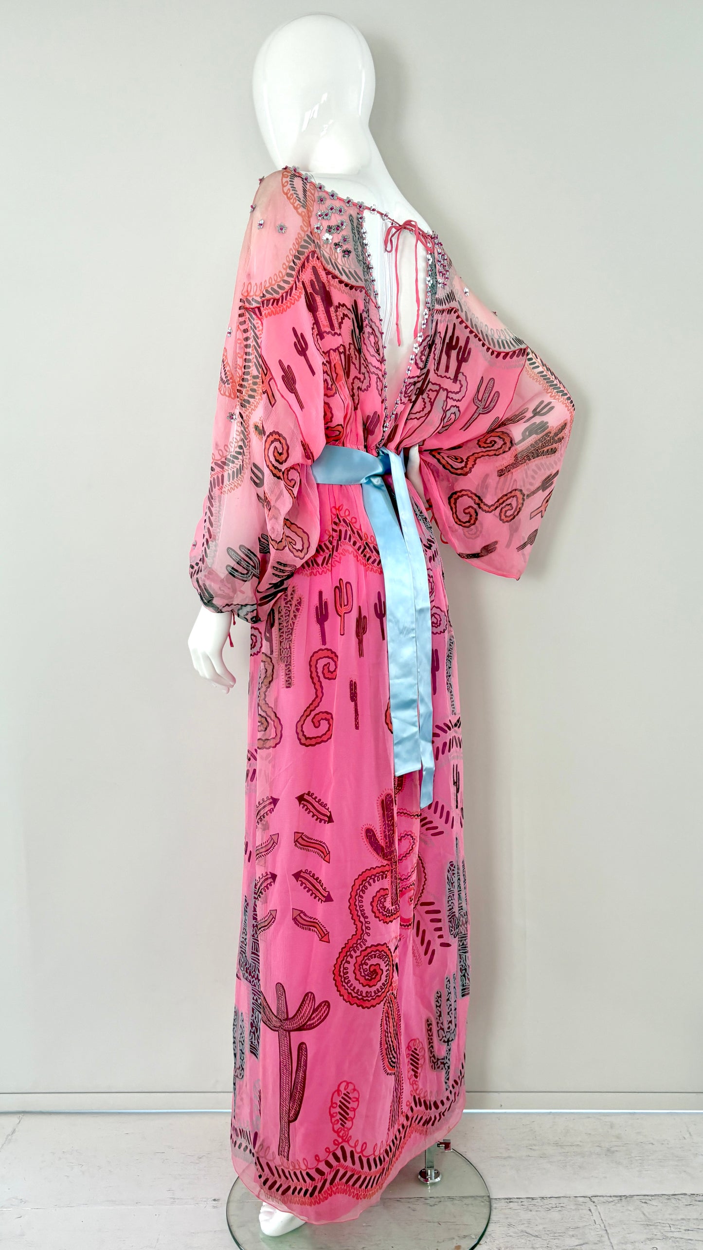 Zandra Rhodes S/S 1976 'Cactus and Cowboy' collection printed chiffon dress with satin sash
