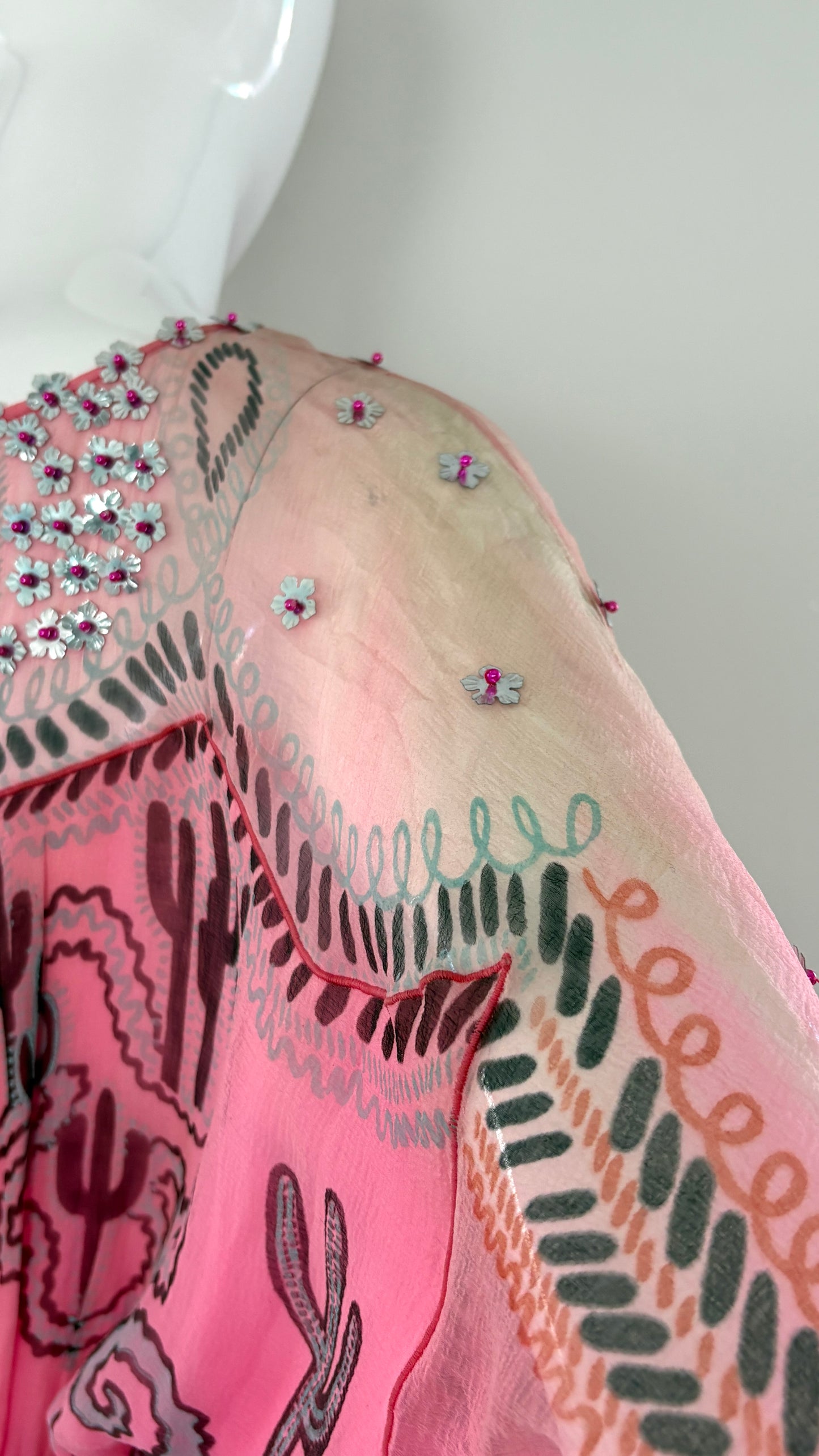 Zandra Rhodes S/S 1976 'Cactus and Cowboy' collection printed chiffon dress with satin sash