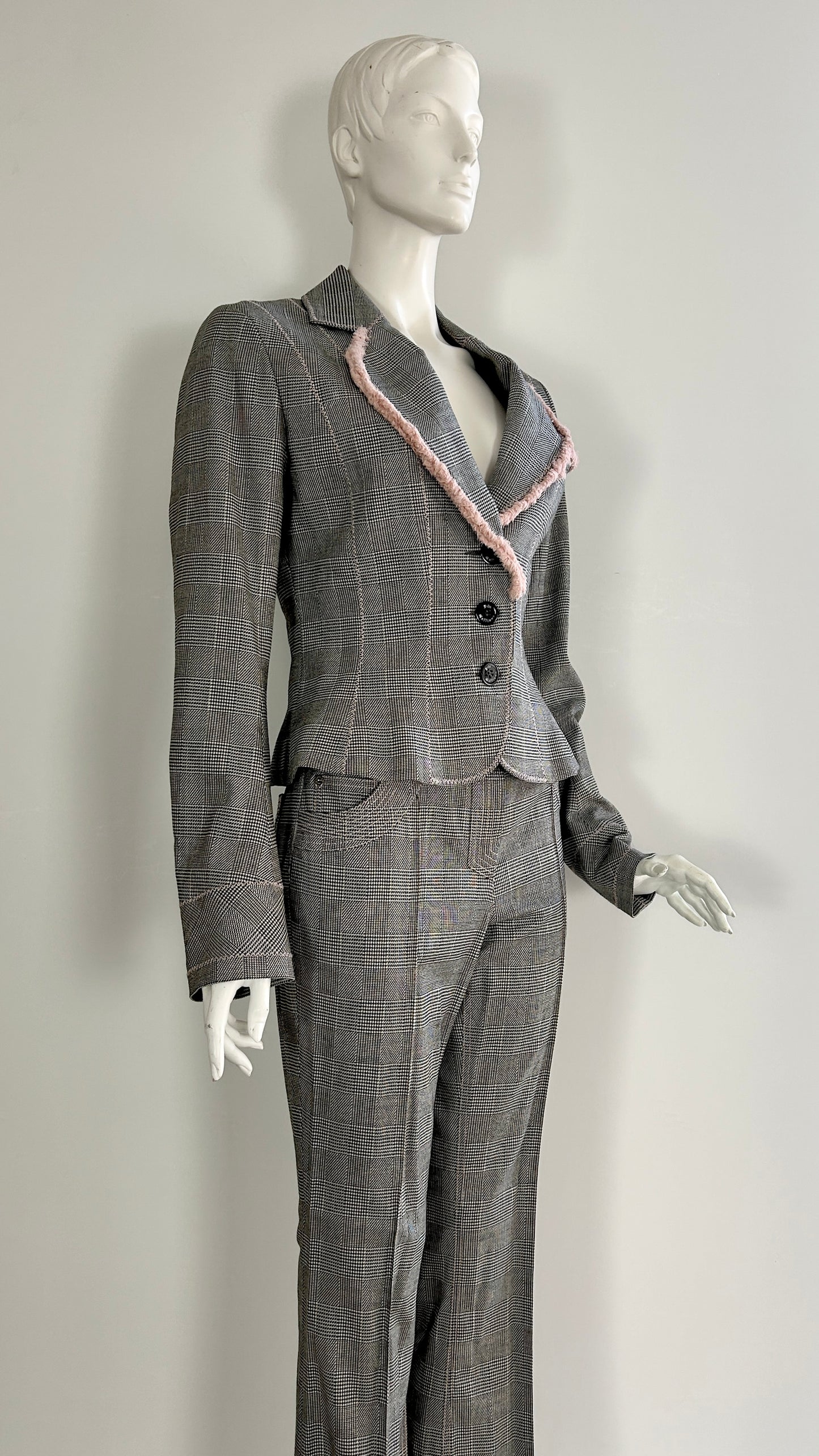 John Galliano S/S 2006 glen plaid wool suit with pink silk trim