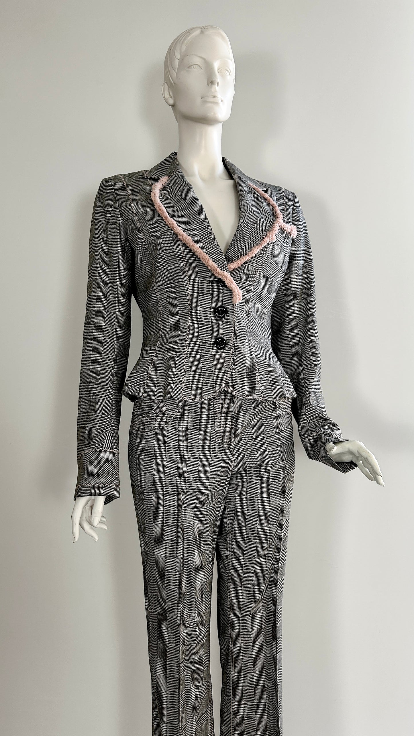 John Galliano S/S 2006 glen plaid wool suit with pink silk trim