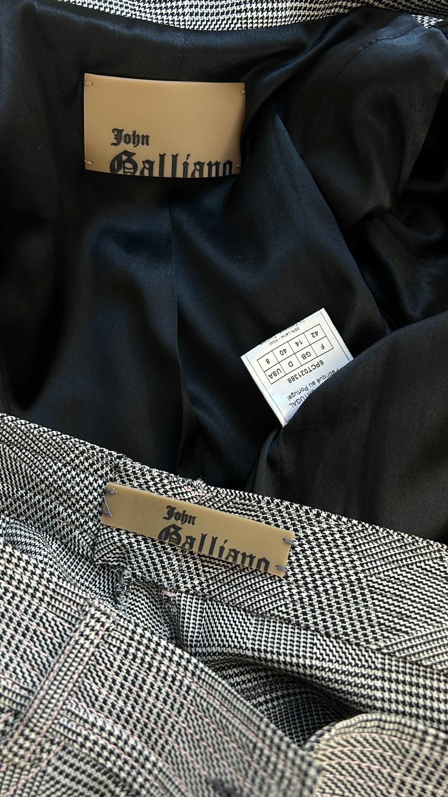 John Galliano S/S 2006 glen plaid wool suit with pink silk trim