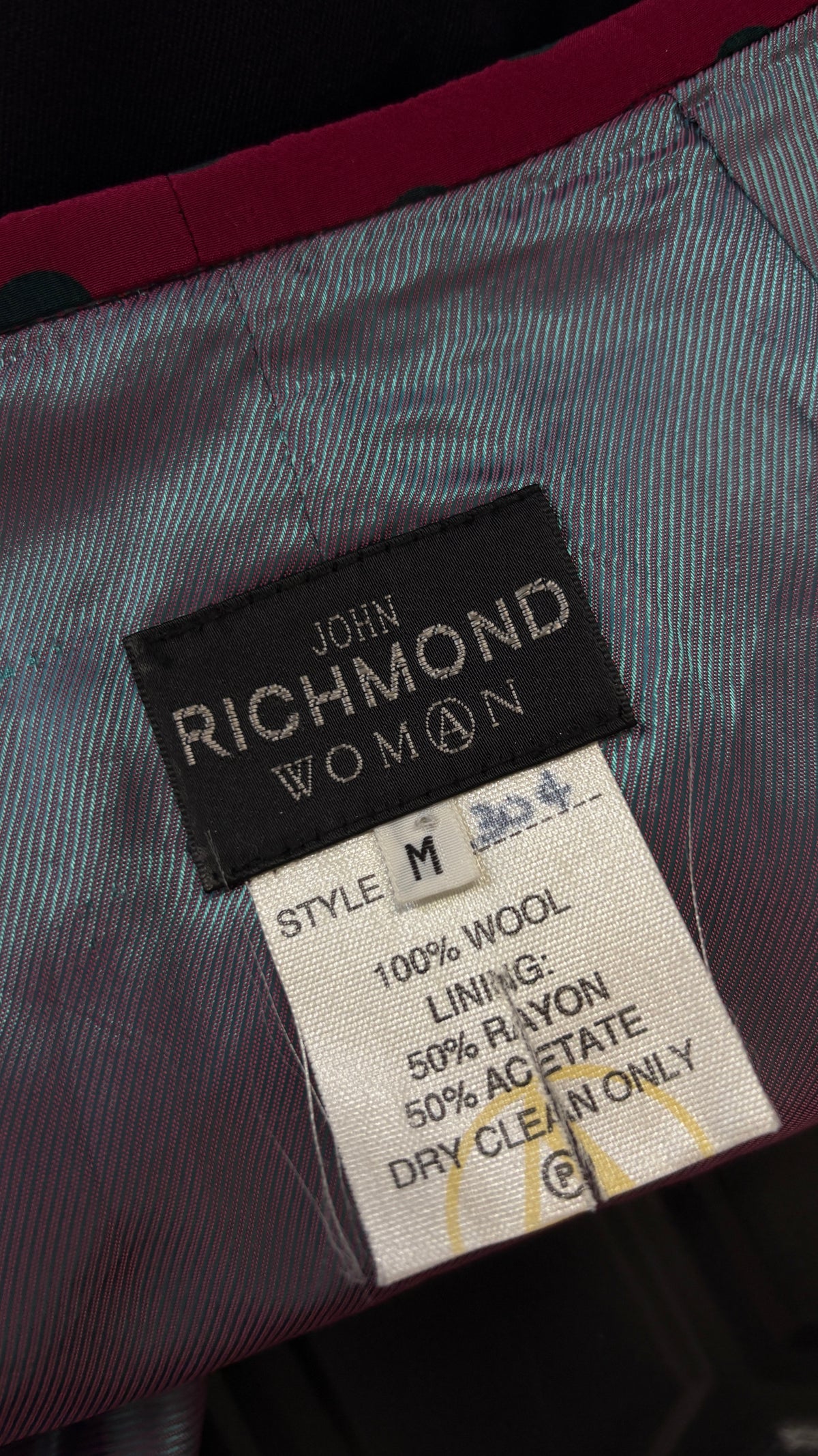 John Richmond A/W 1992 navy suit with polkadot scarf trim
