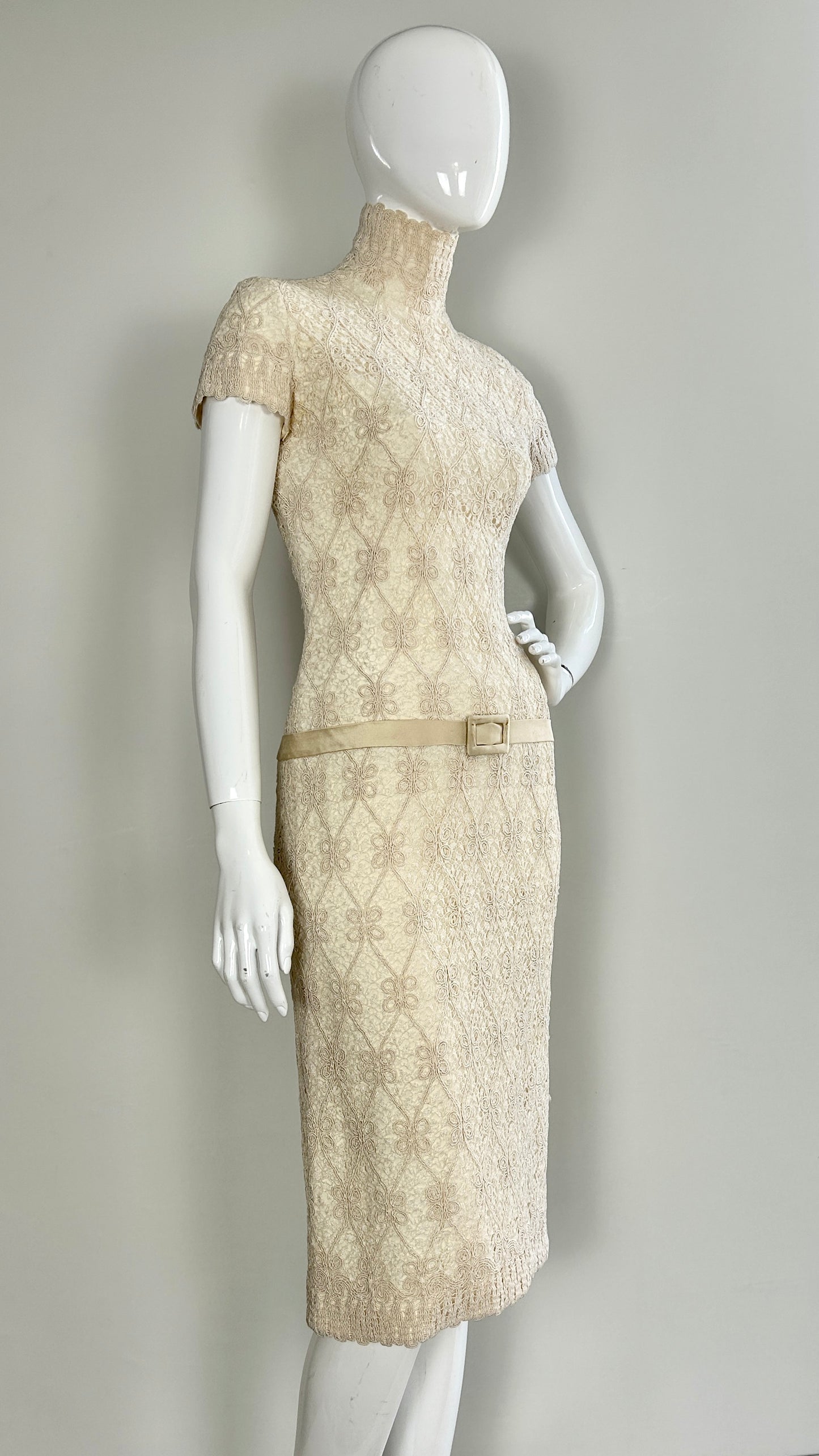 Scherrer Couture broderie anglaise style dress with satin belt