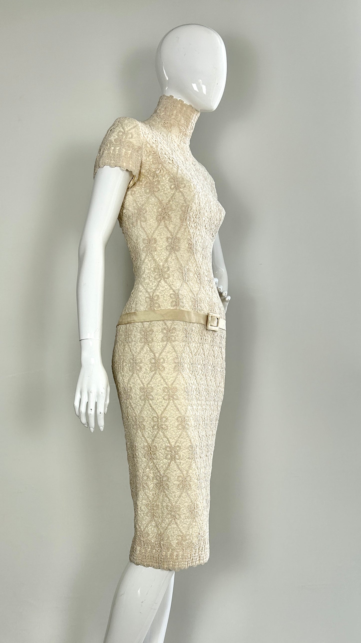 Scherrer Couture broderie anglaise style dress with satin belt
