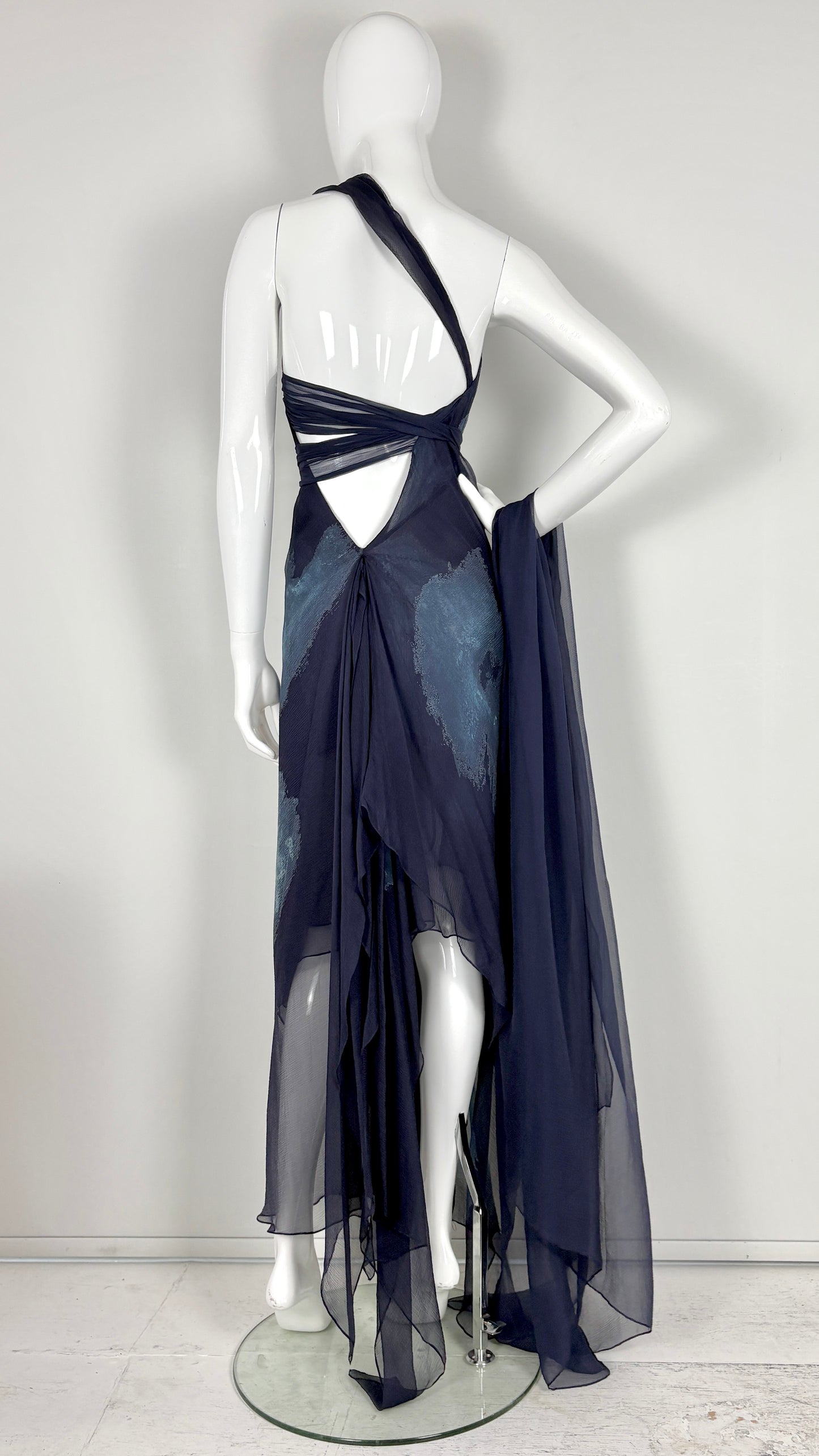 Donna Karan S/S 2000 floral print chiffon asymmetric dress