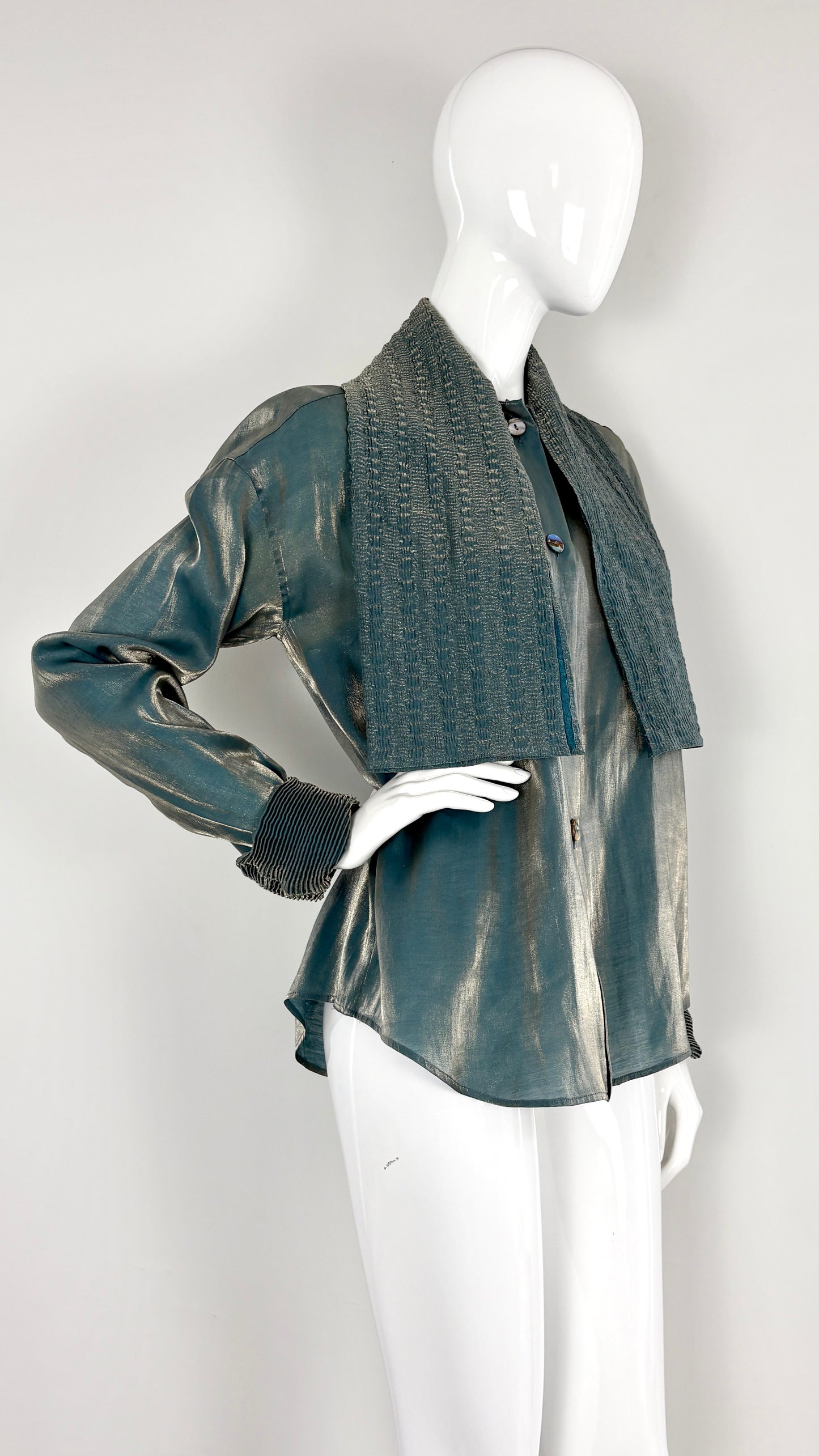 Romeo Gigli metallic blouse with pleated pussy bow