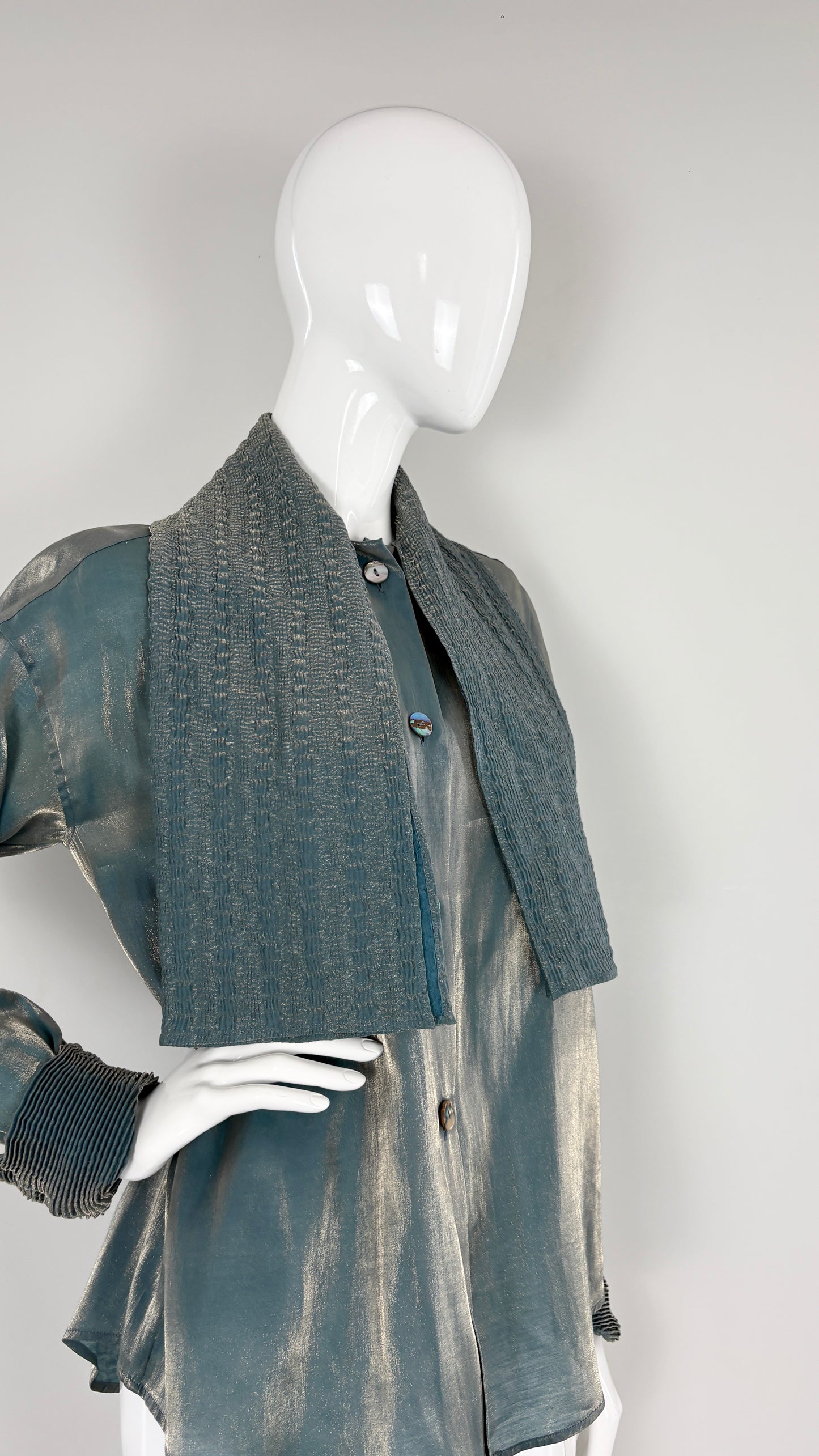Romeo Gigli metallic blouse with pleated pussy bow