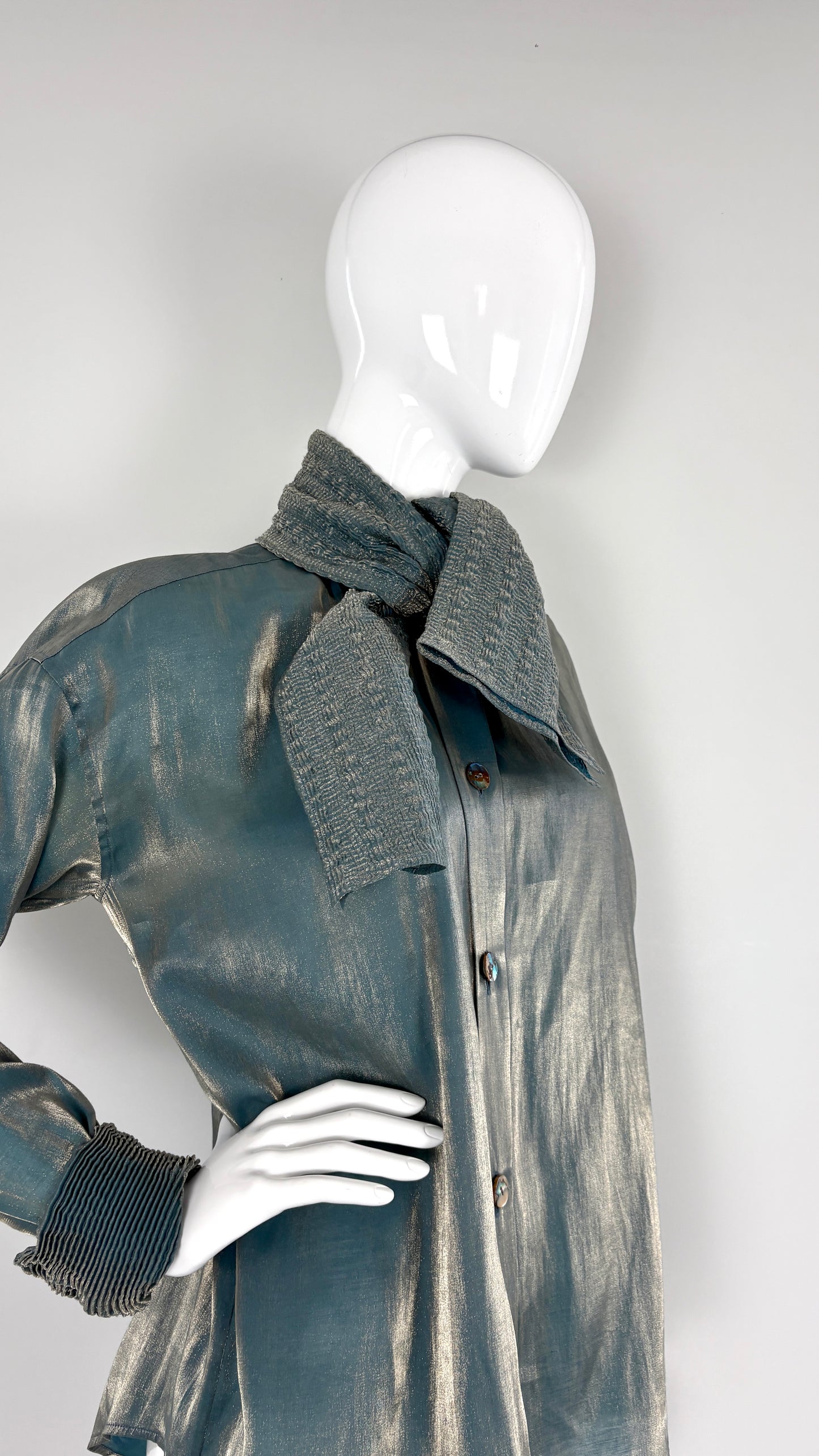 Romeo Gigli metallic blouse with pleated pussy bow