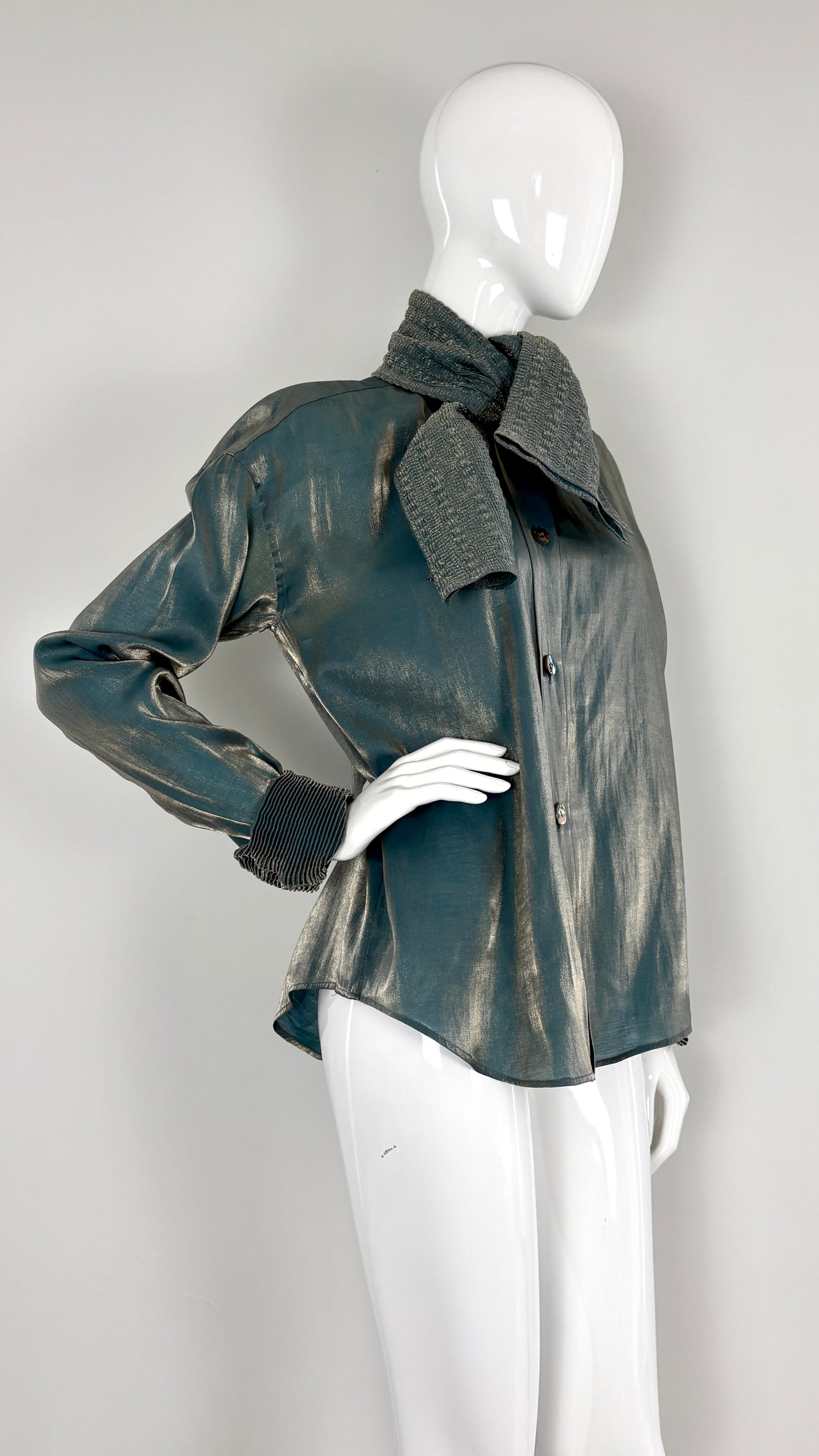 Romeo Gigli metallic blouse with pleated pussy bow