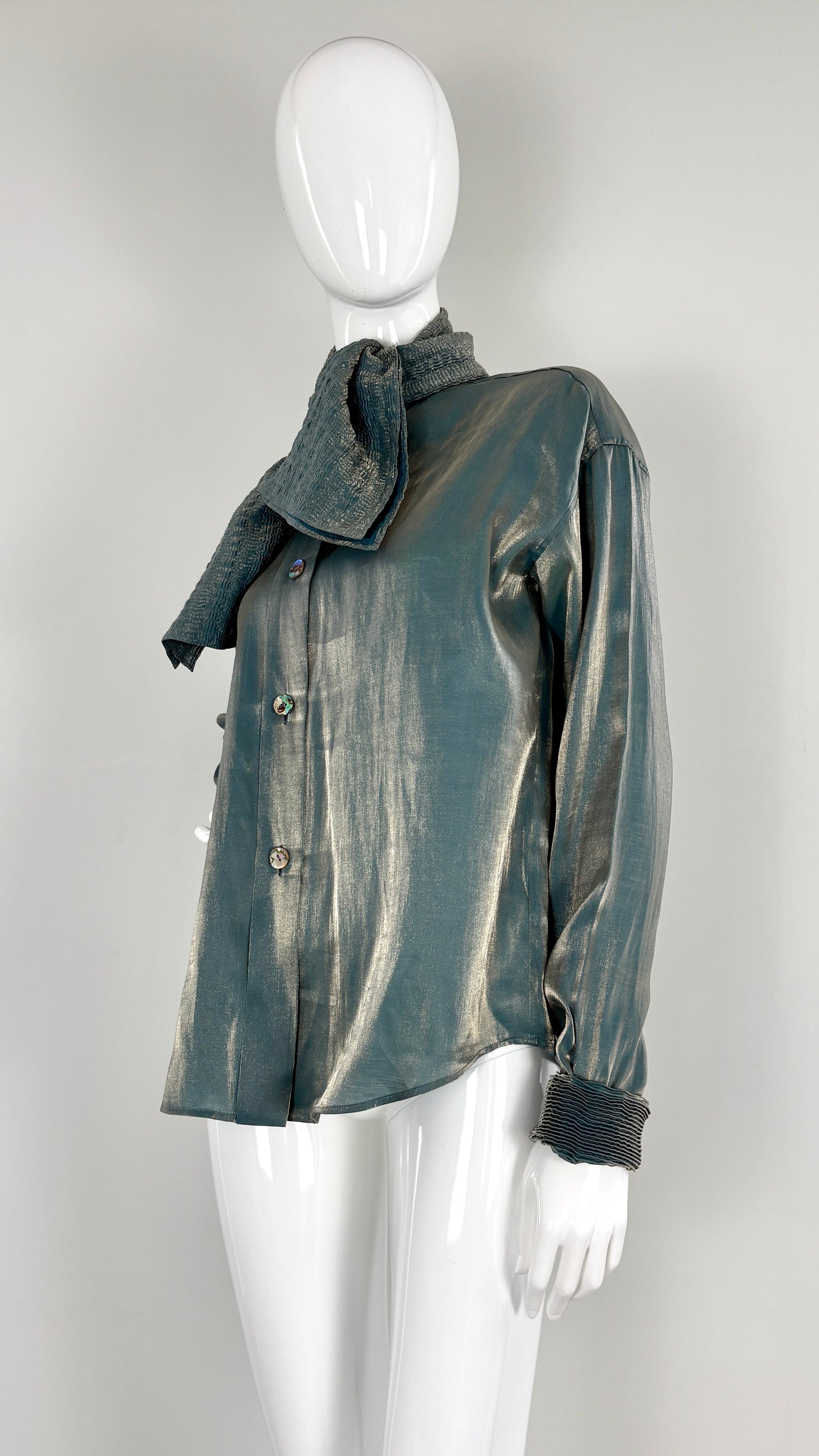 Romeo Gigli metallic blouse with pleated pussy bow