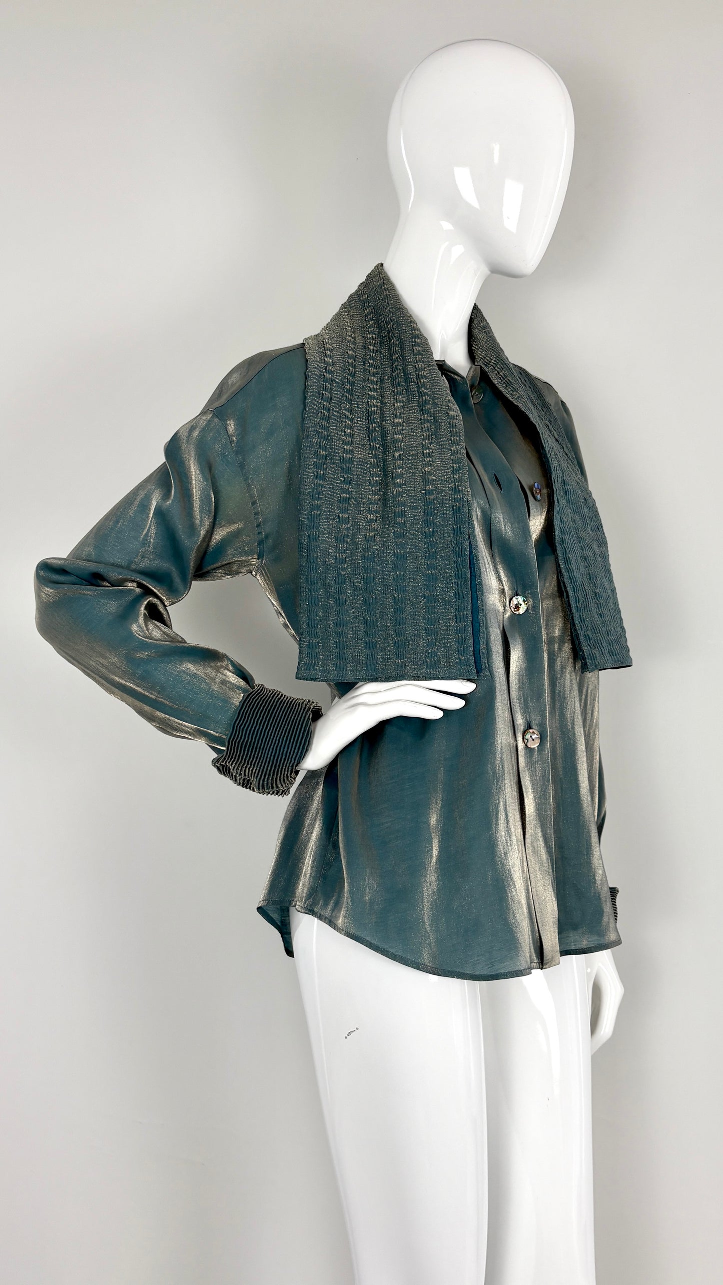 Romeo Gigli metallic blouse with pleated pussy bow