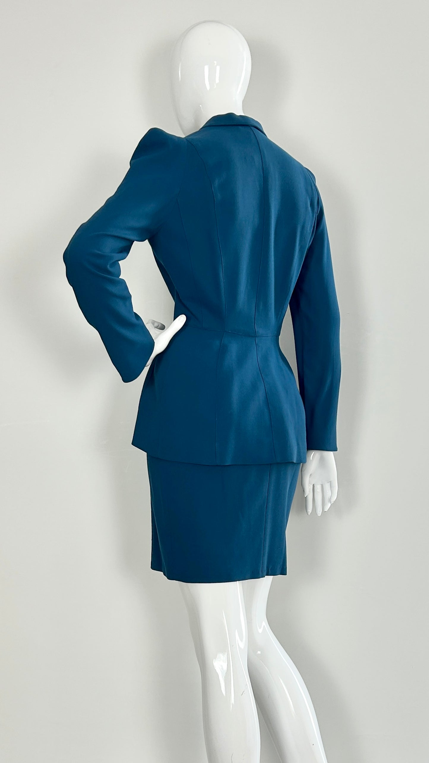 Thierry Mugler turquoise suit with silver hardware