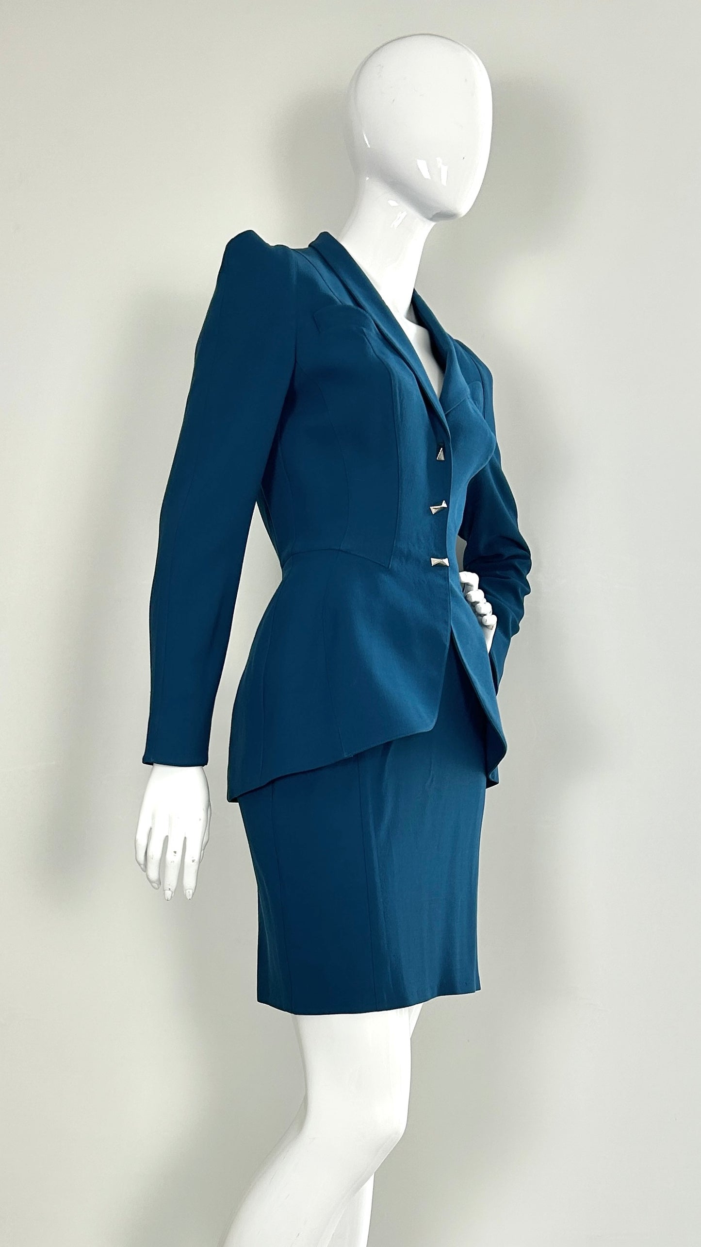 Thierry Mugler turquoise suit with silver hardware