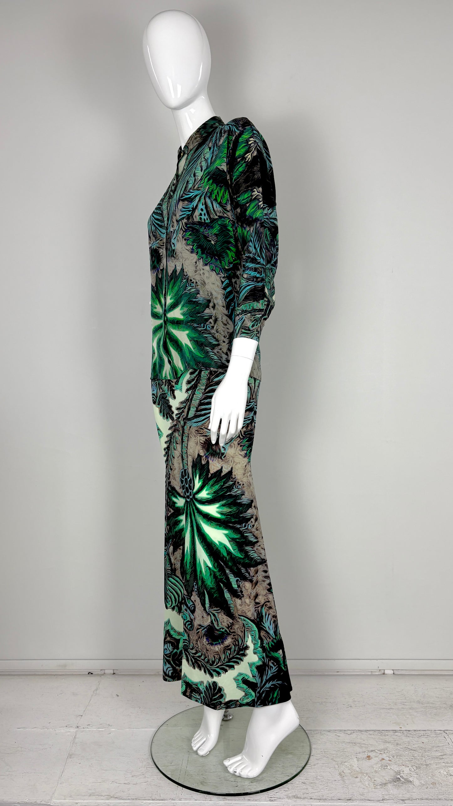Roberto Cavalli tropical print blouse and satin skirt ensemble