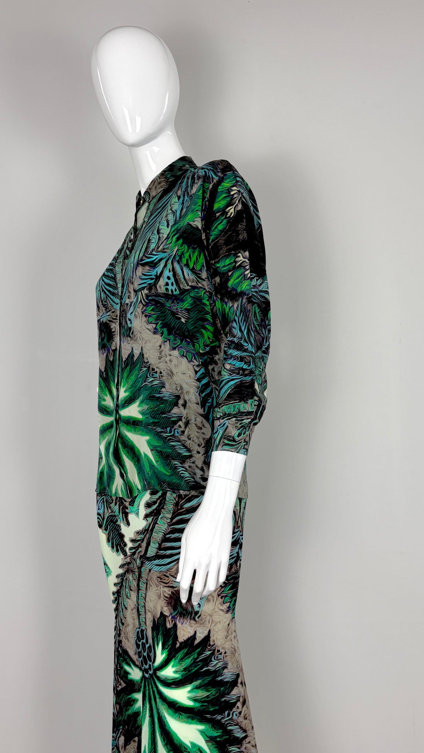 Roberto Cavalli tropical print blouse and satin skirt ensemble
