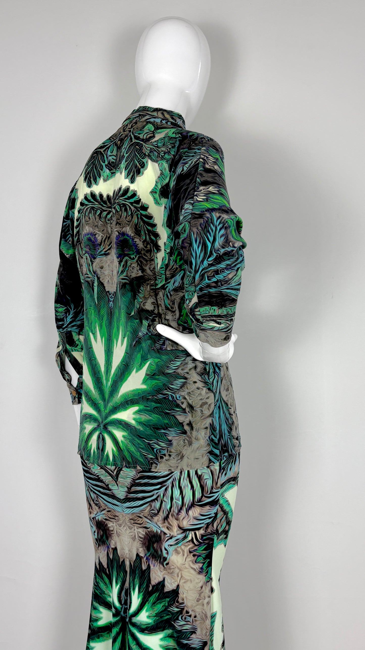 Roberto Cavalli tropical print blouse and satin skirt ensemble