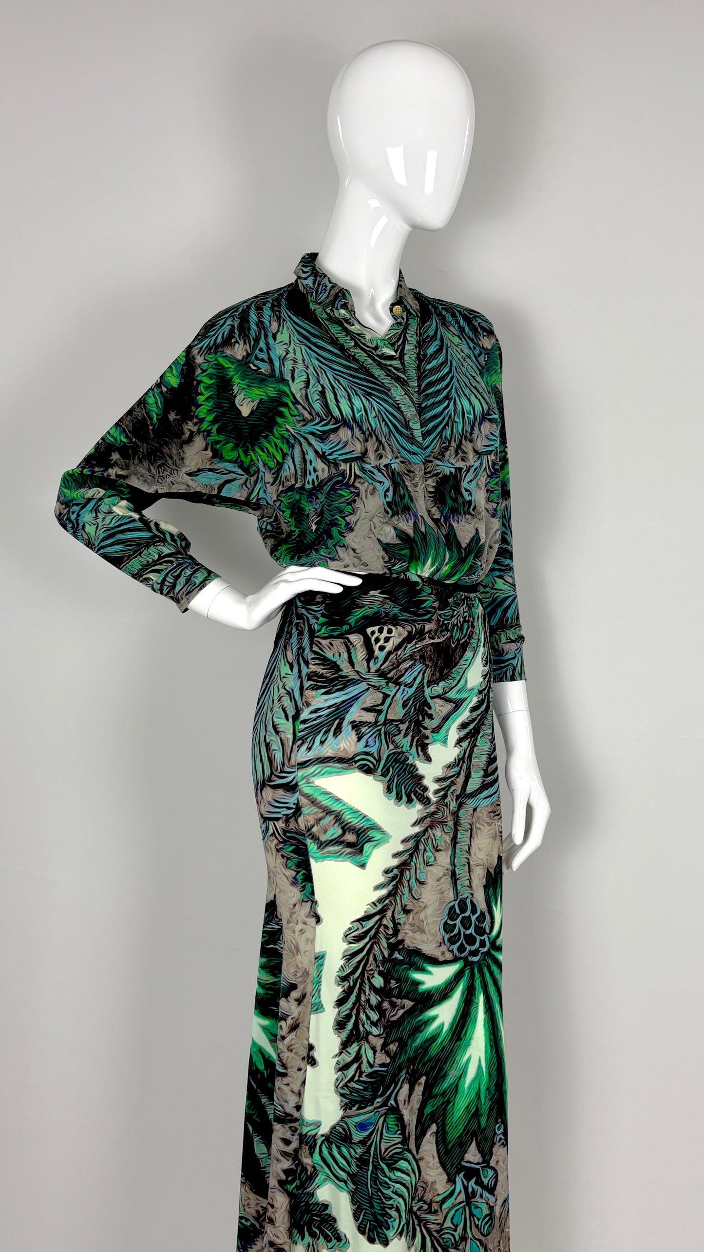 Roberto Cavalli tropical print blouse and satin skirt ensemble