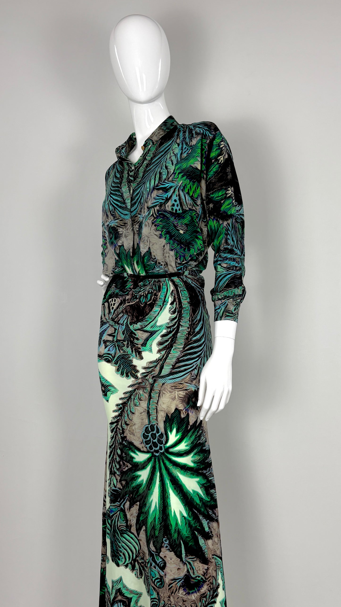 Roberto Cavalli tropical print blouse and satin skirt ensemble