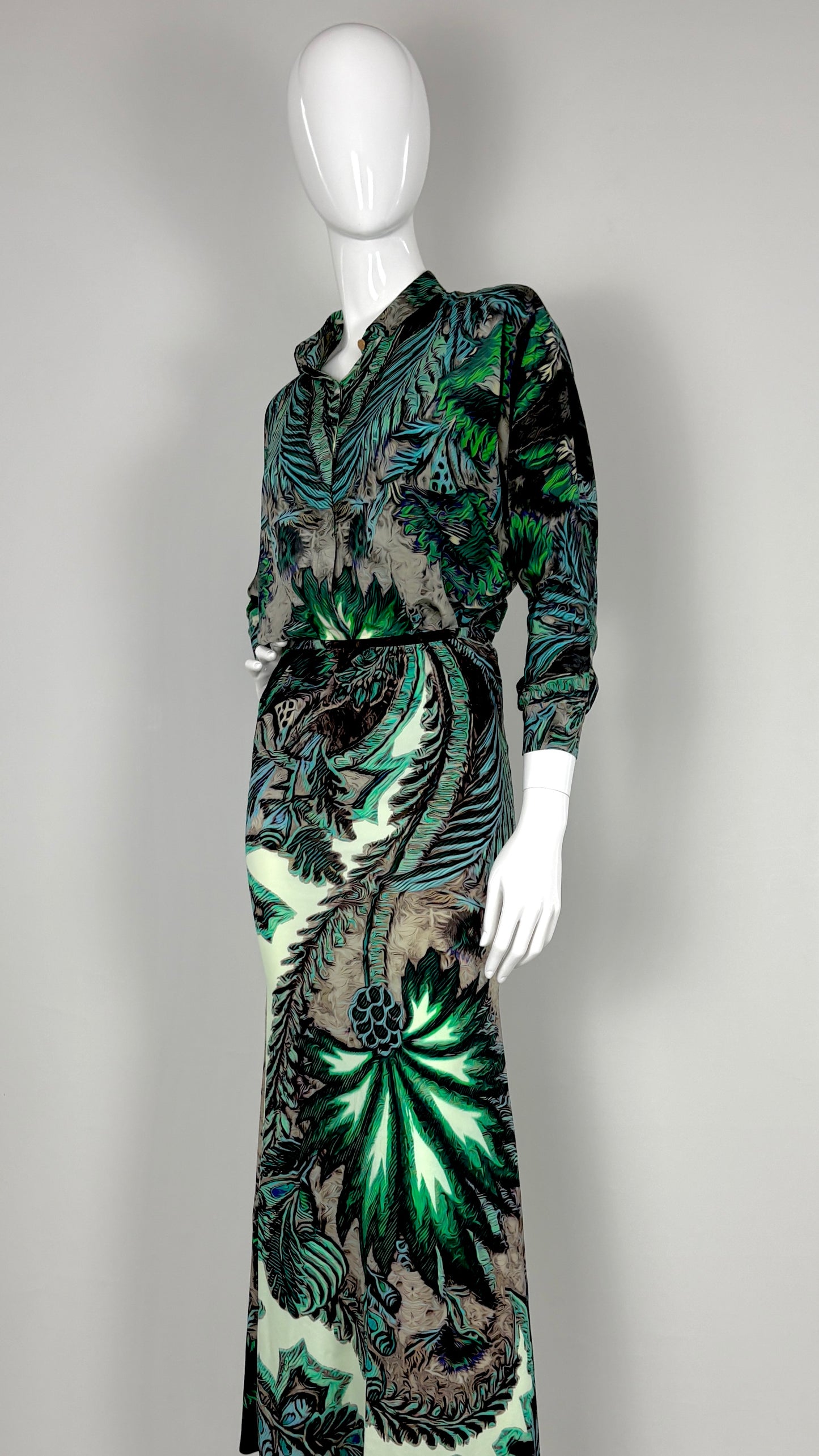 Roberto Cavalli tropical print blouse and satin skirt ensemble