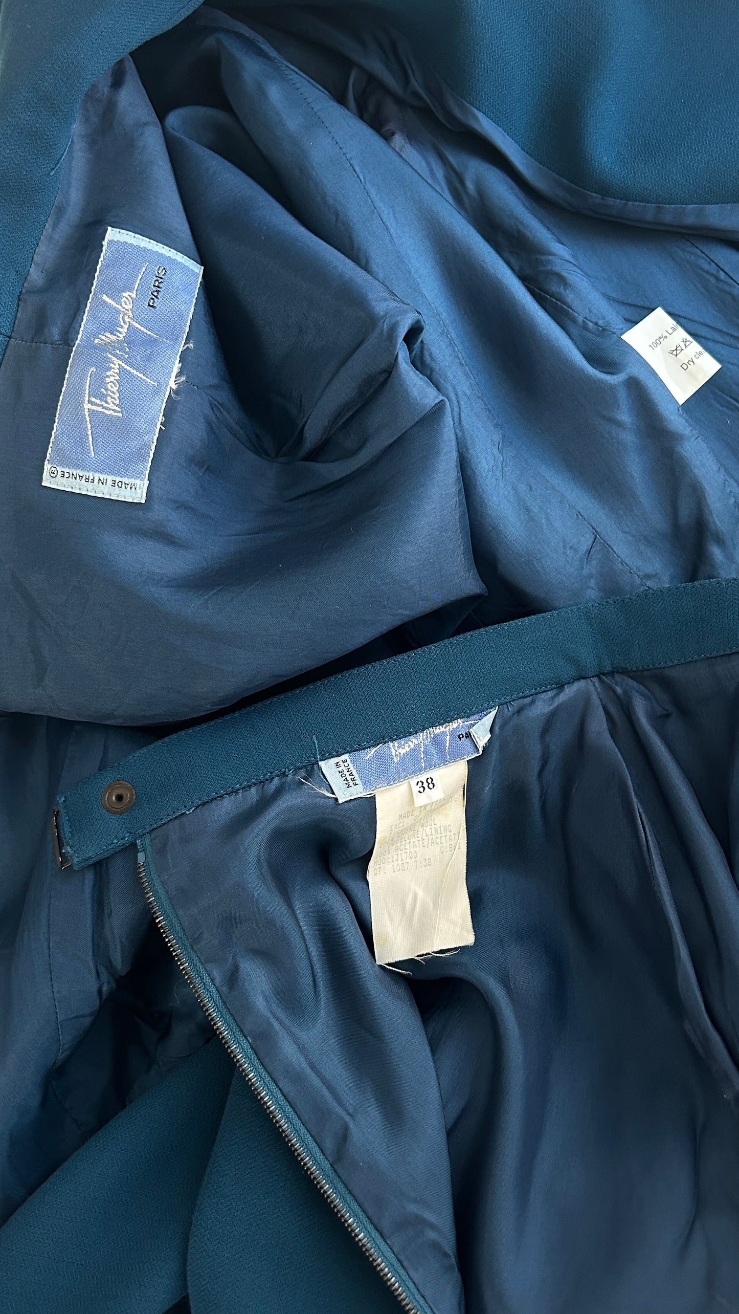 Thierry Mugler turquoise suit with silver hardware