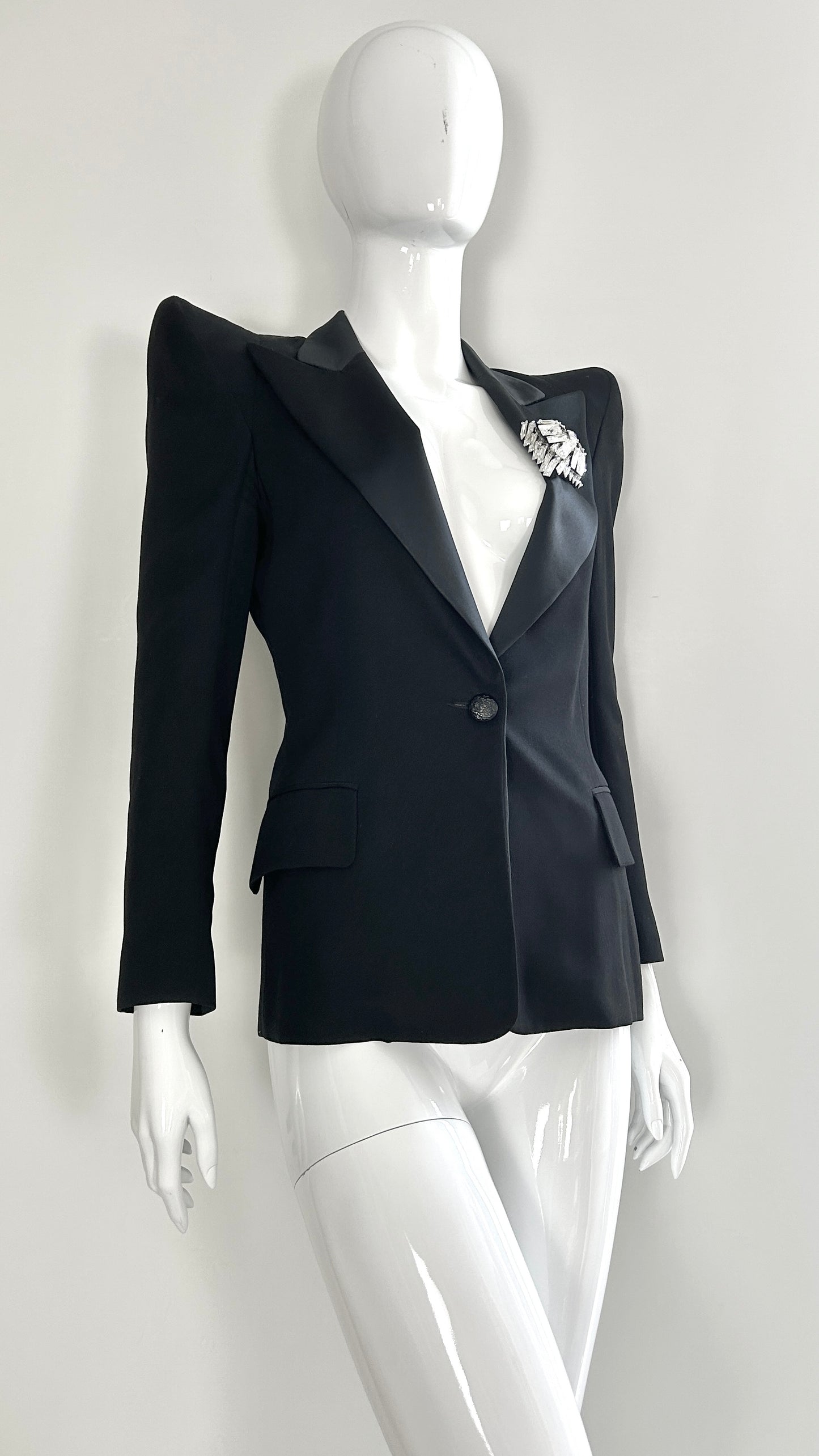 Balmain dramatic shoulder jacket with broach and embroidery