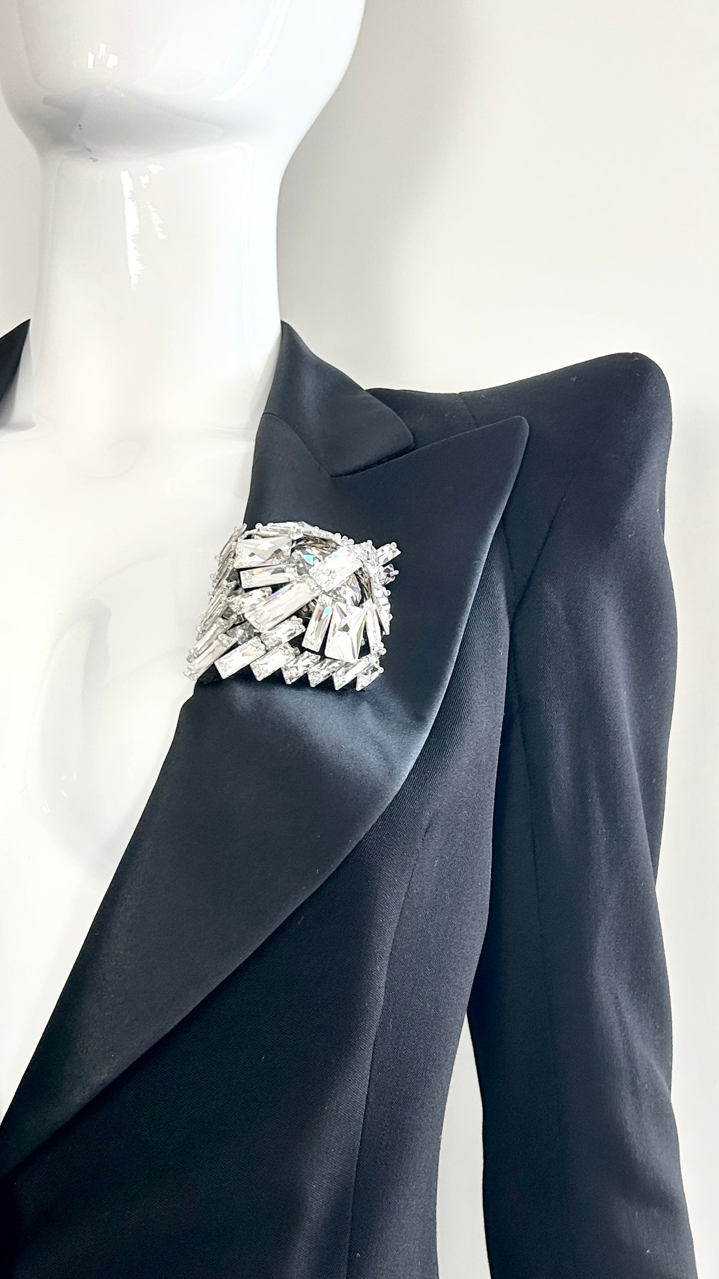 Balmain dramatic shoulder jacket with broach and embroidery