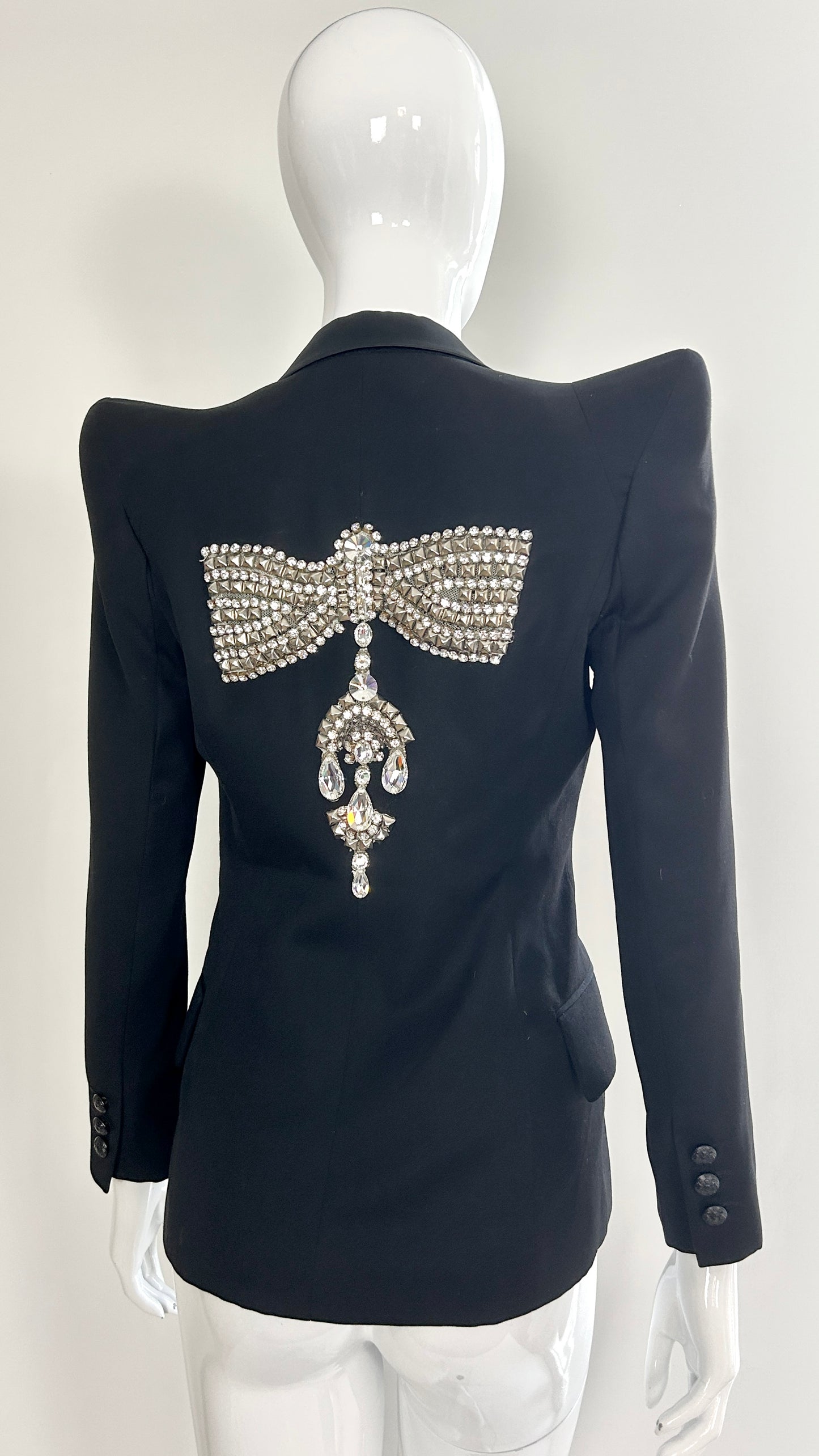 Balmain dramatic shoulder jacket with broach and embroidery