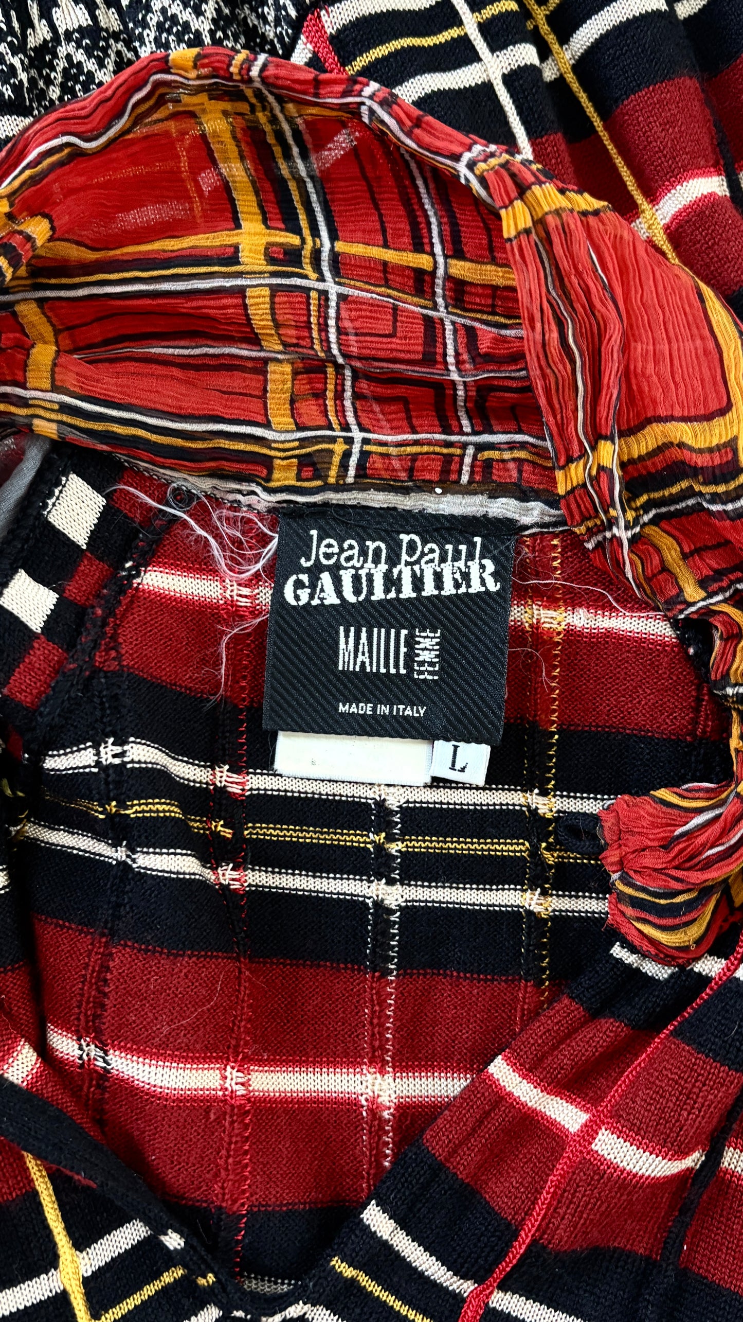 Jean Paul Gaultier tartan knit jumper with sheer sleeves and fringe scarf