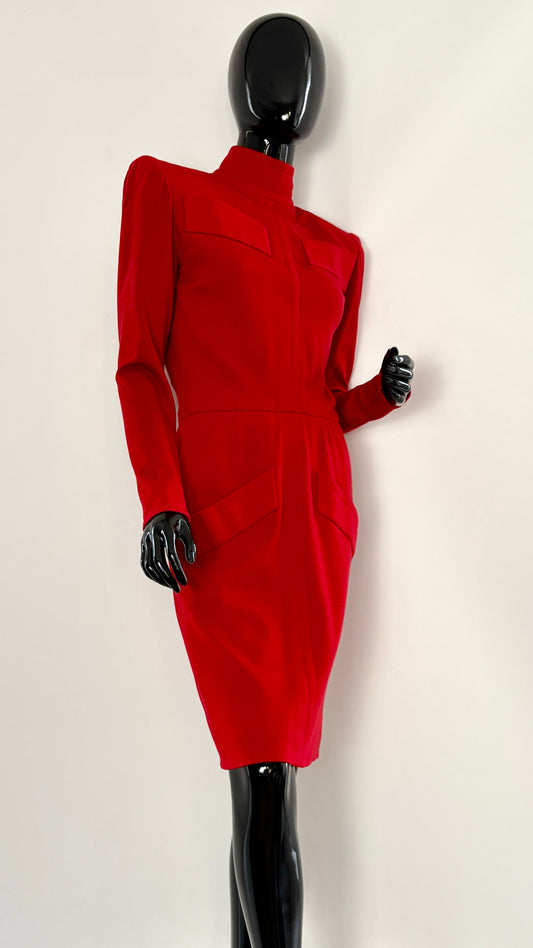 Givenchy early red tailored suit with dramatic shoulder