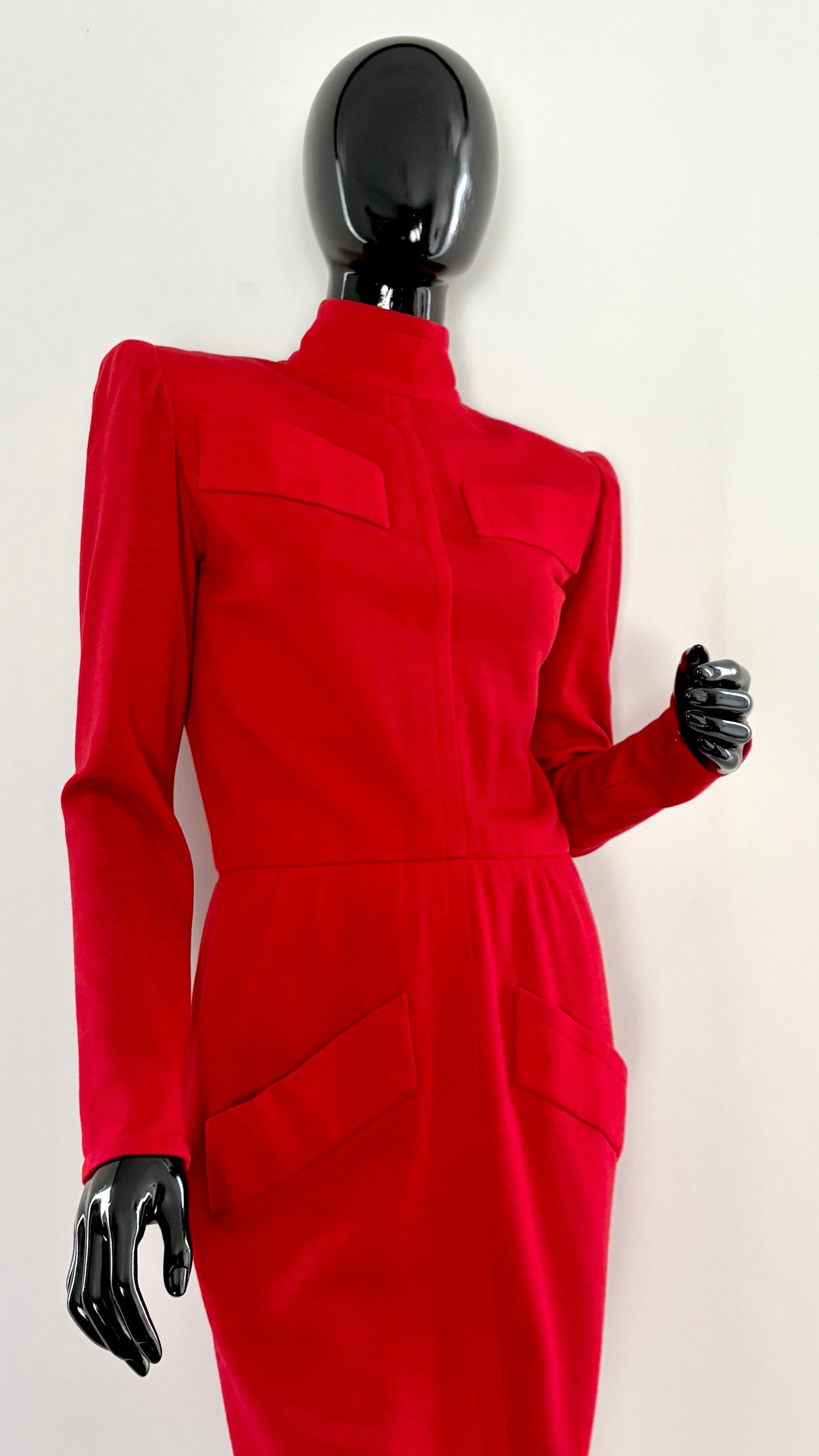 Givenchy early red tailored suit with dramatic shoulder