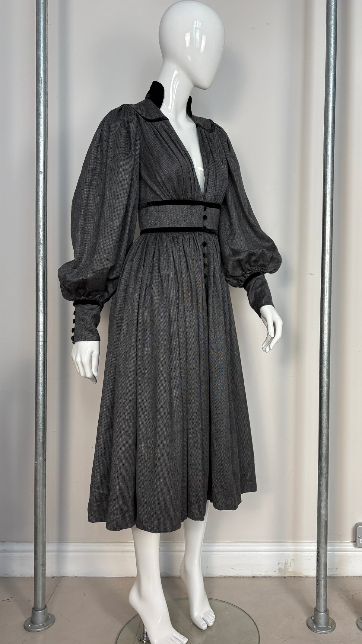 Scherrer Couture grey velvet trim dress dress