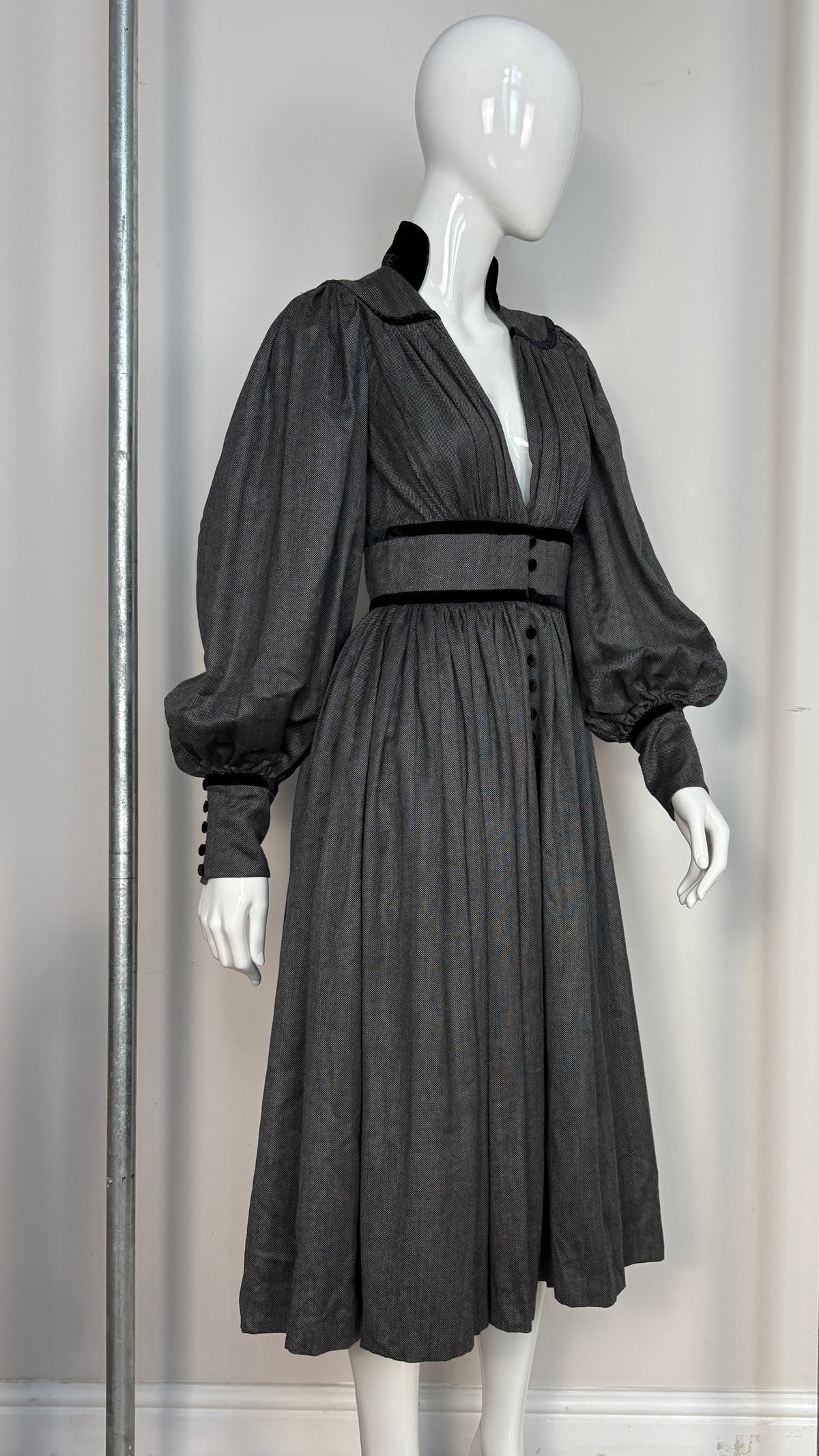 Scherrer Couture grey velvet trim dress dress