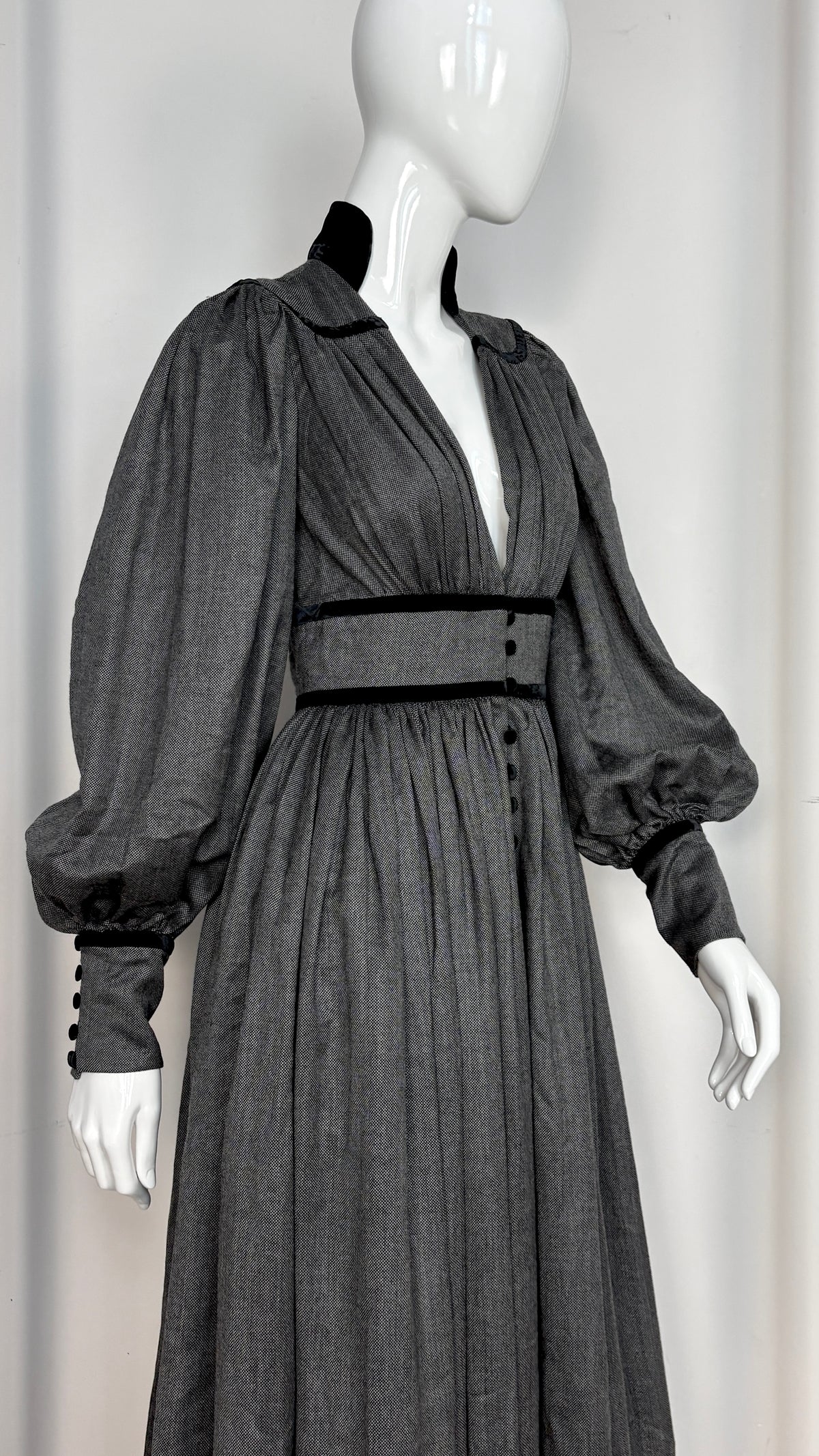 Scherrer Couture grey velvet trim dress dress
