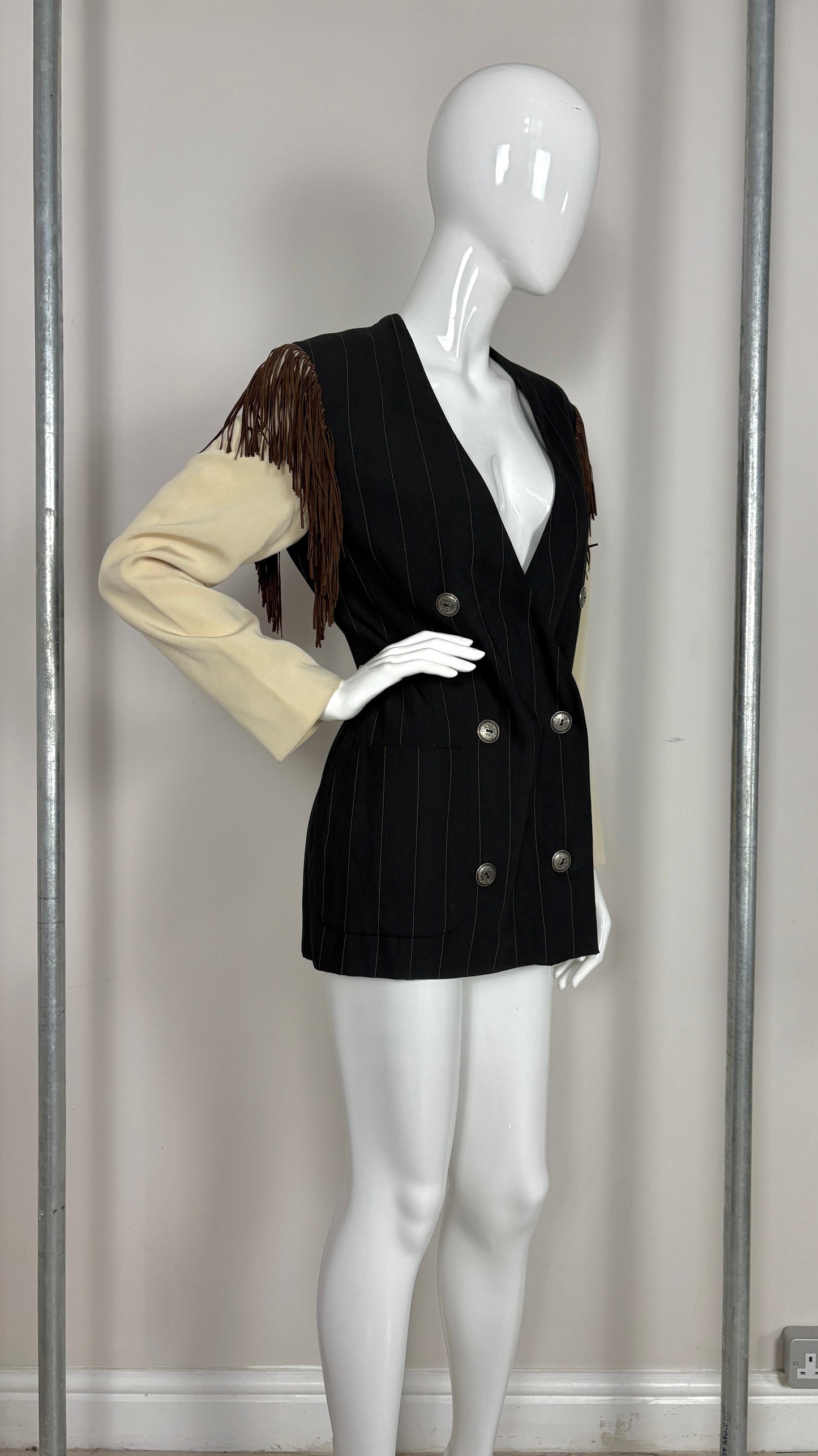Ozbek pinstripe jacket with fringe shoulder
